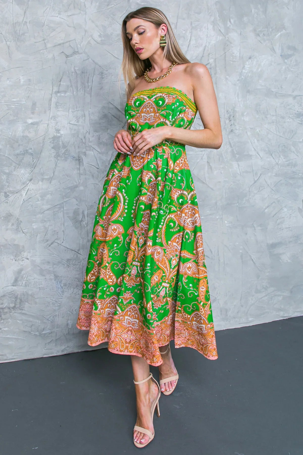 Green Print Strapless Bodice Woven Midi Dress