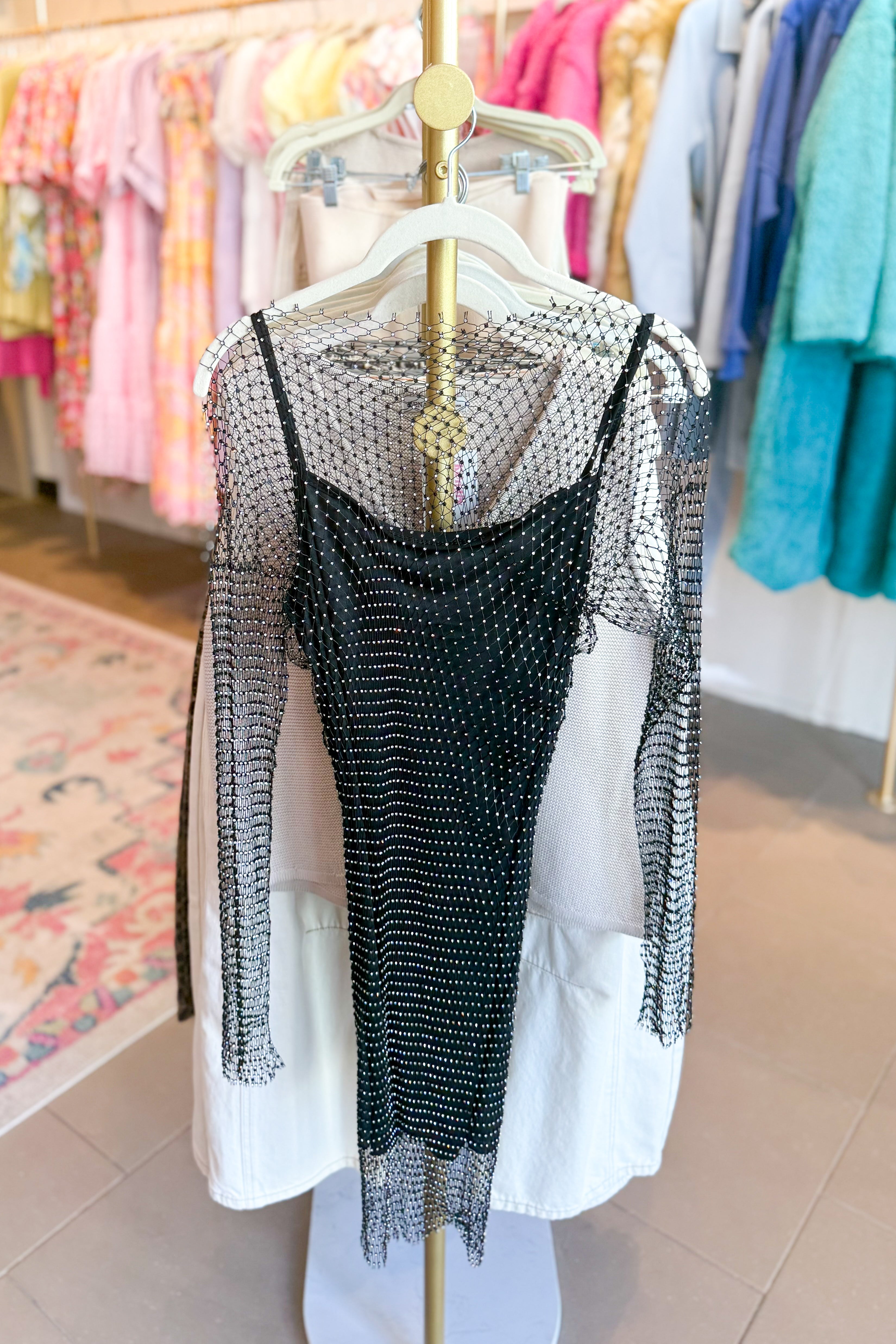 Black Mini Dress With Rhinestone Net Overlay