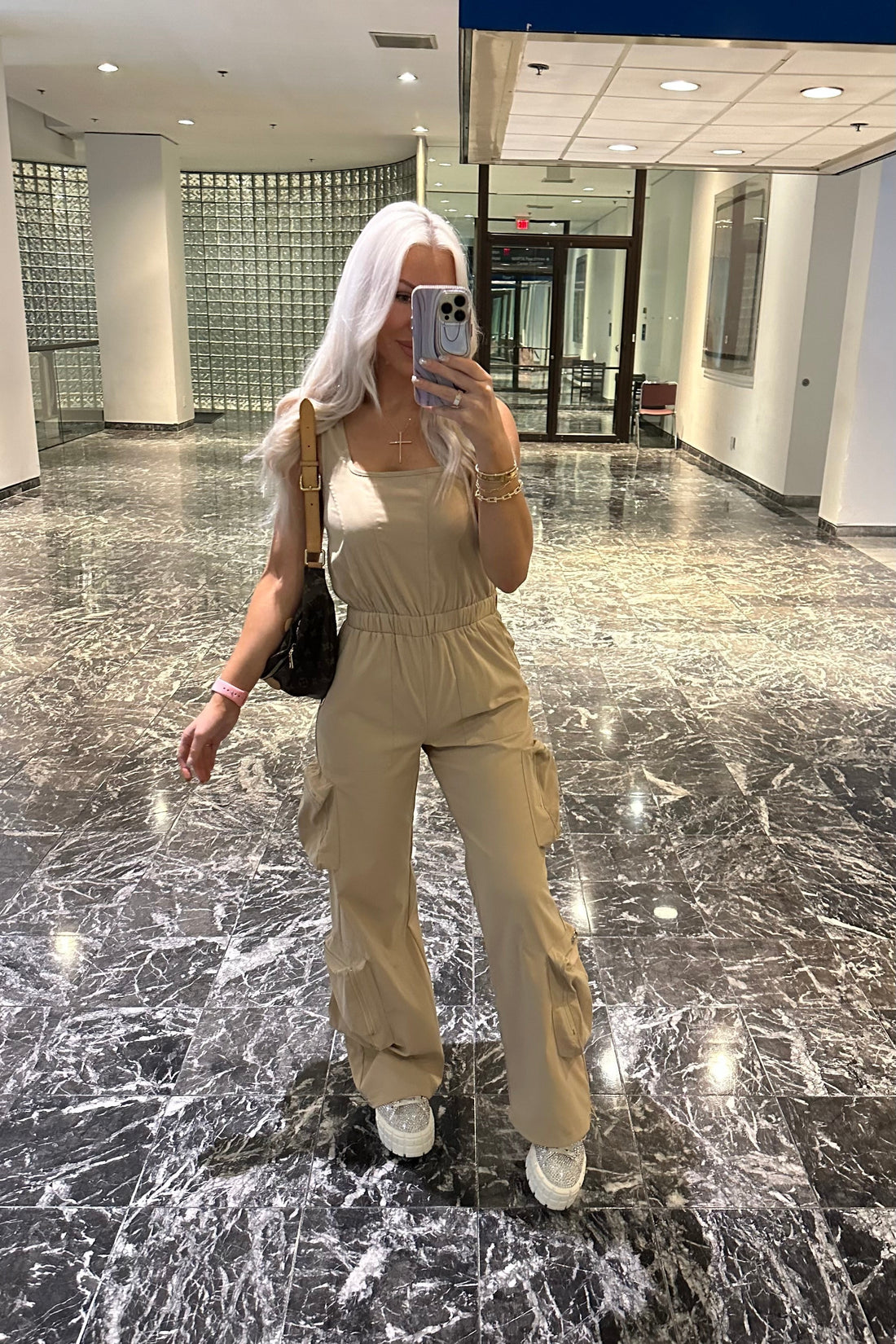 Sleeveless Tan Cargo Jumpsuit