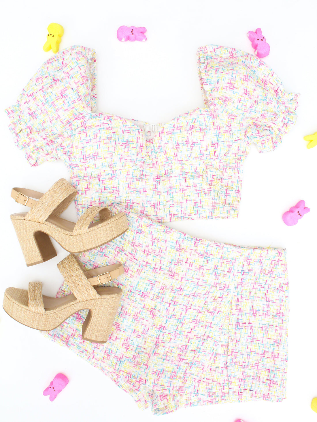 Cream Multi Color Tweed Puff Sleeve Corset Top