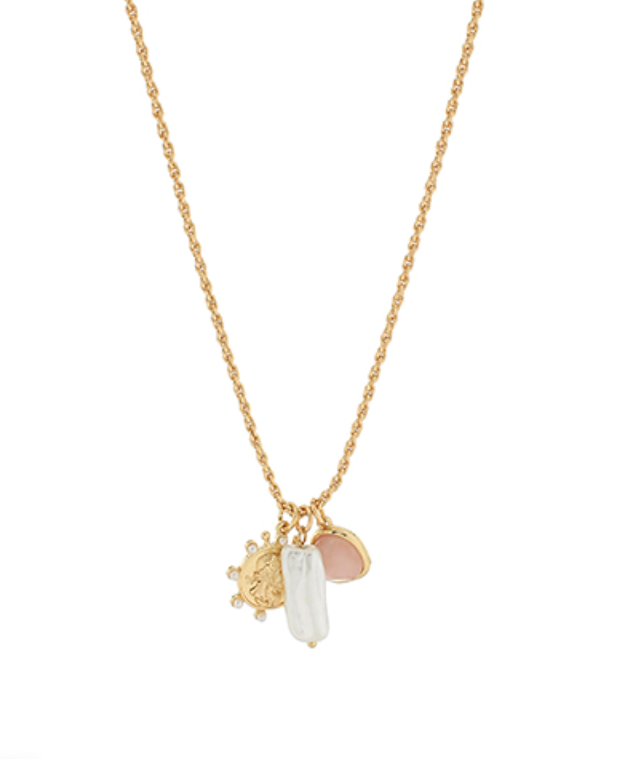 Coin and Pearl Rope Chain Charm Necklace