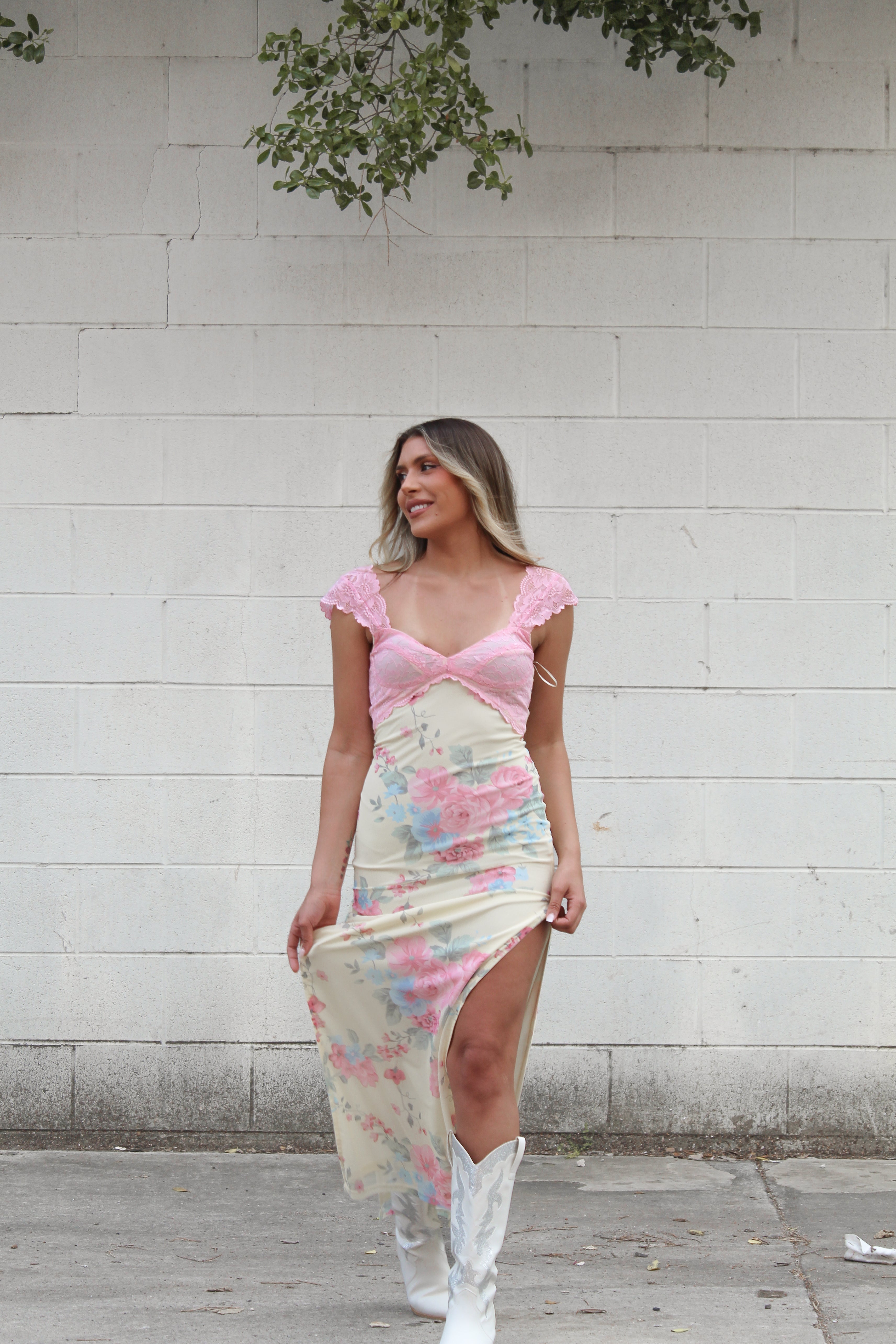 Yellow Floral Pink Lace Detail Slit Maxi Dress