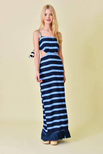 Aegean Blue Striped Cutout Tassel Maxi Dress