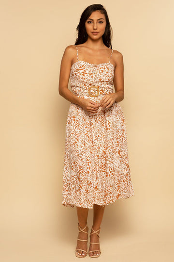 Animal Print Belted Woven Sleeveless Midi Dress