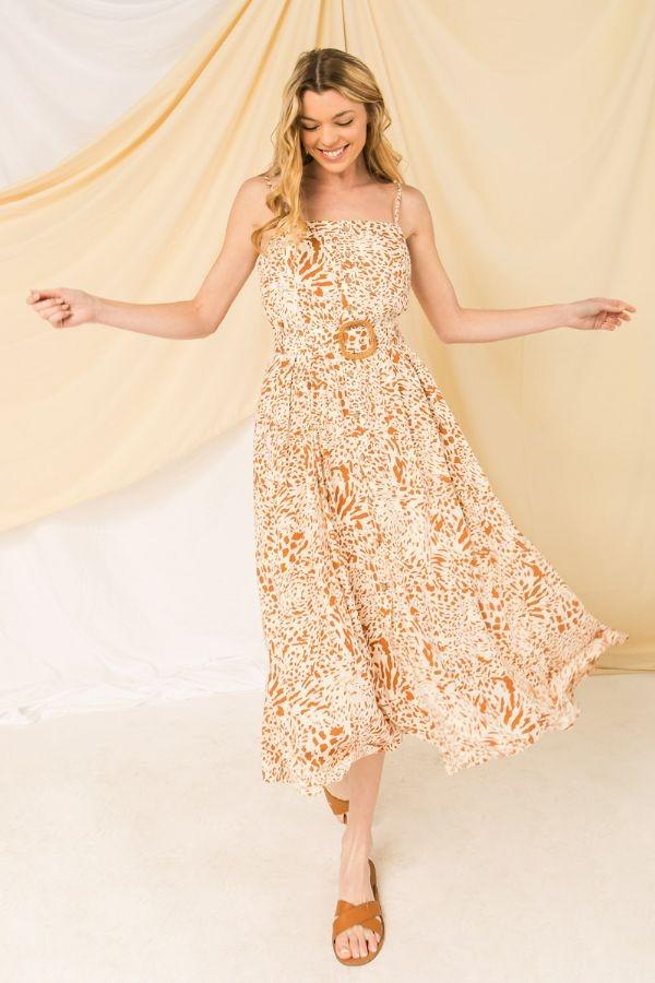 Animal Print Belted Woven Sleeveless Midi Dress