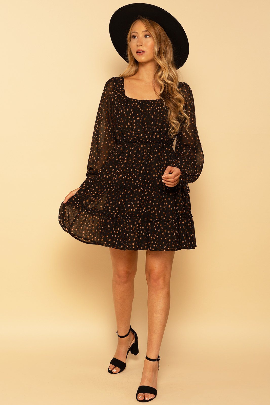Animal Print Long Sleeve Tiered Babydoll Dress