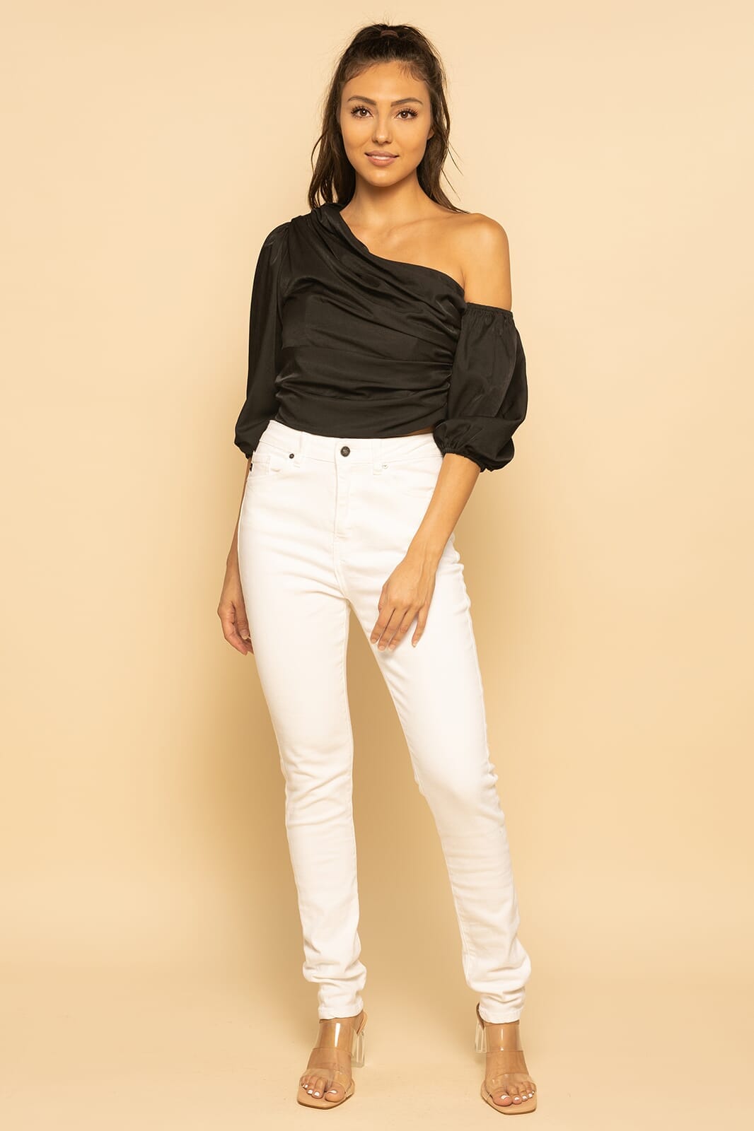 Asymmetrical Ruched One Shoulder Black Top