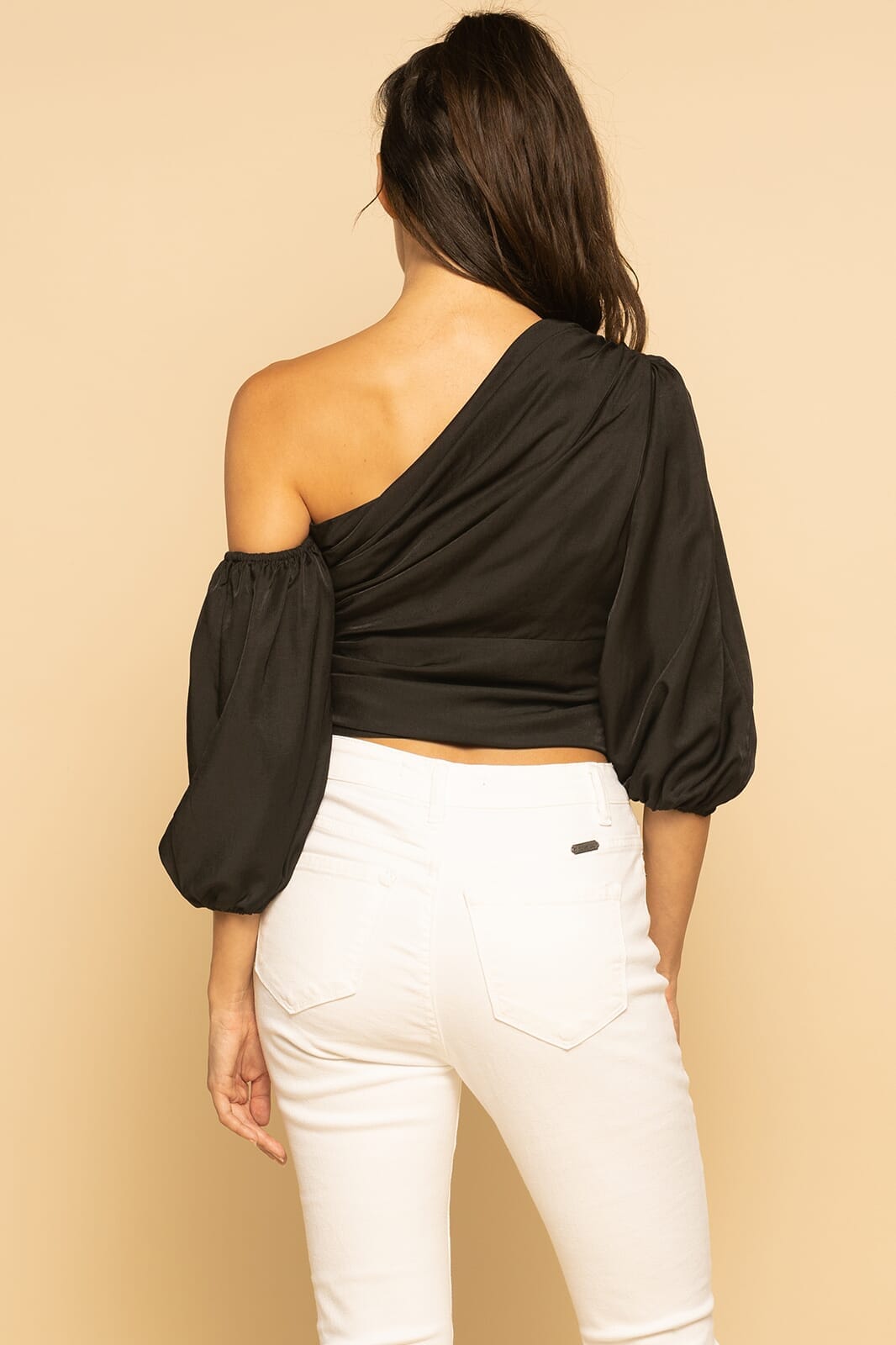 Asymmetrical Ruched One Shoulder Black Top