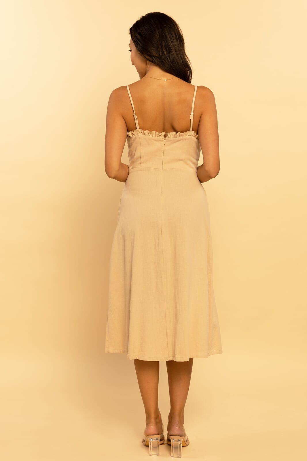 Beige Button Front Ruffled Cotton Linen Midi Dress