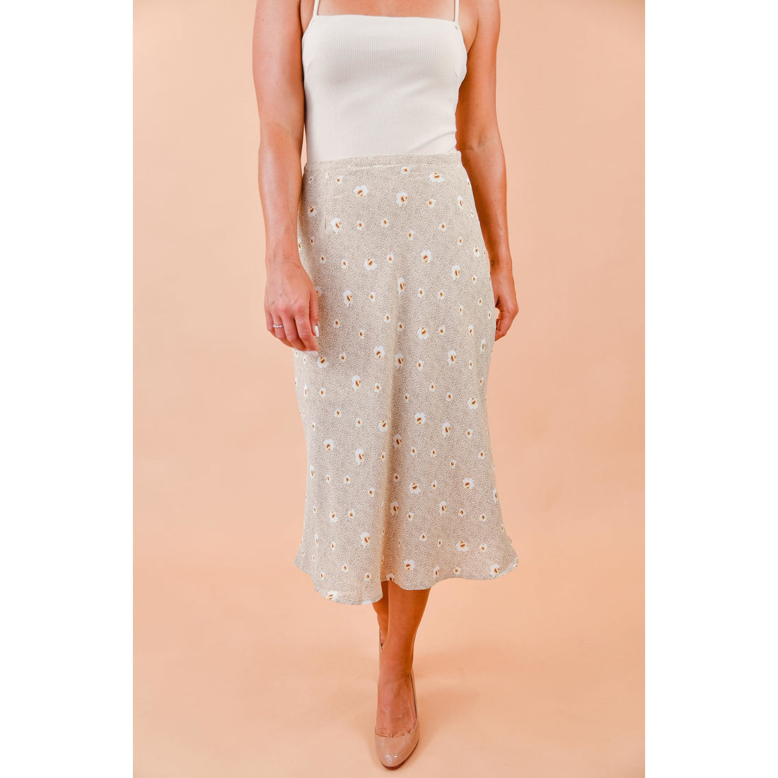Beige Floral Midi Skirt