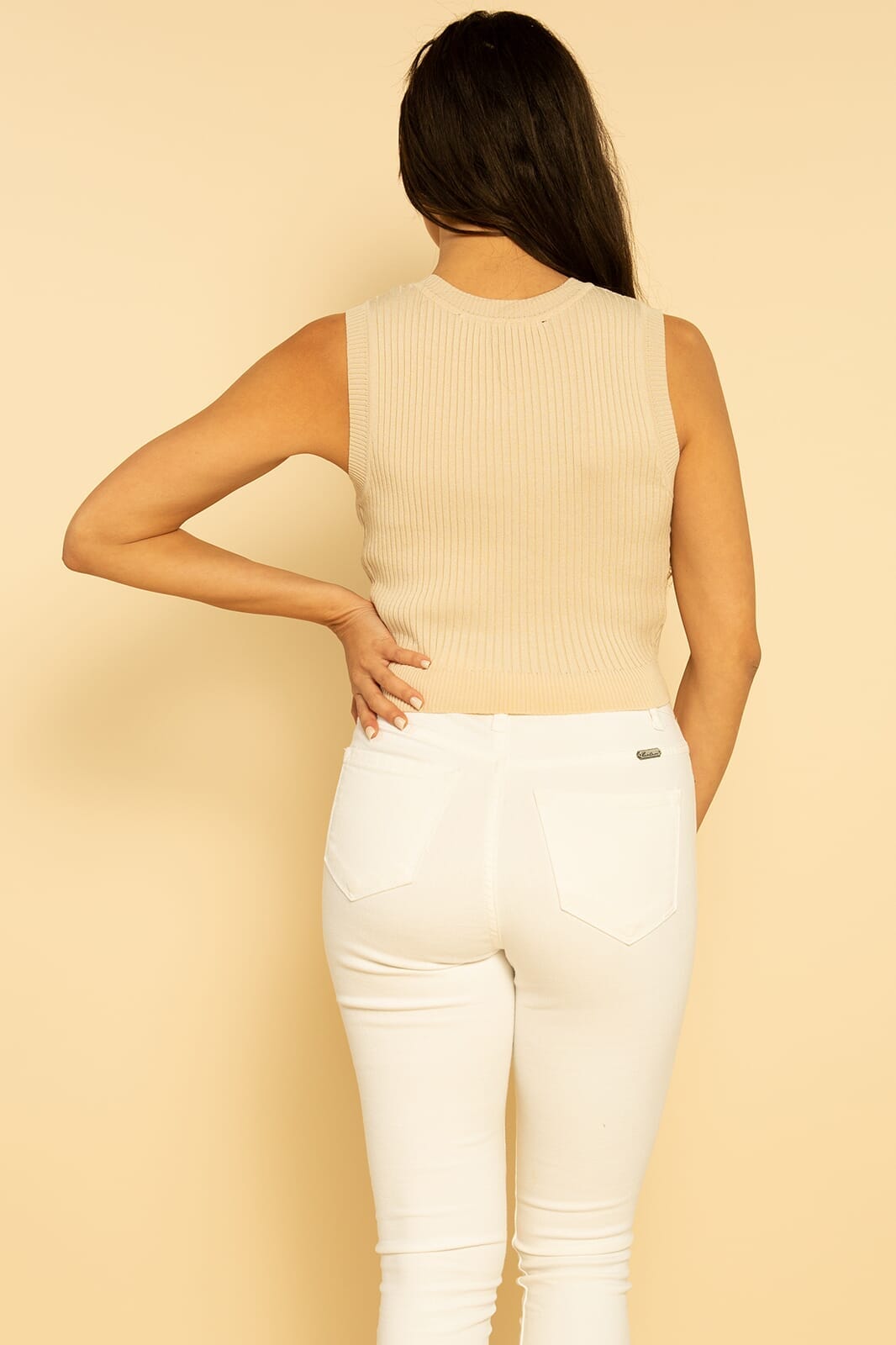 Beige Sleeveless Cropped Ribbed Sweater Knit Top