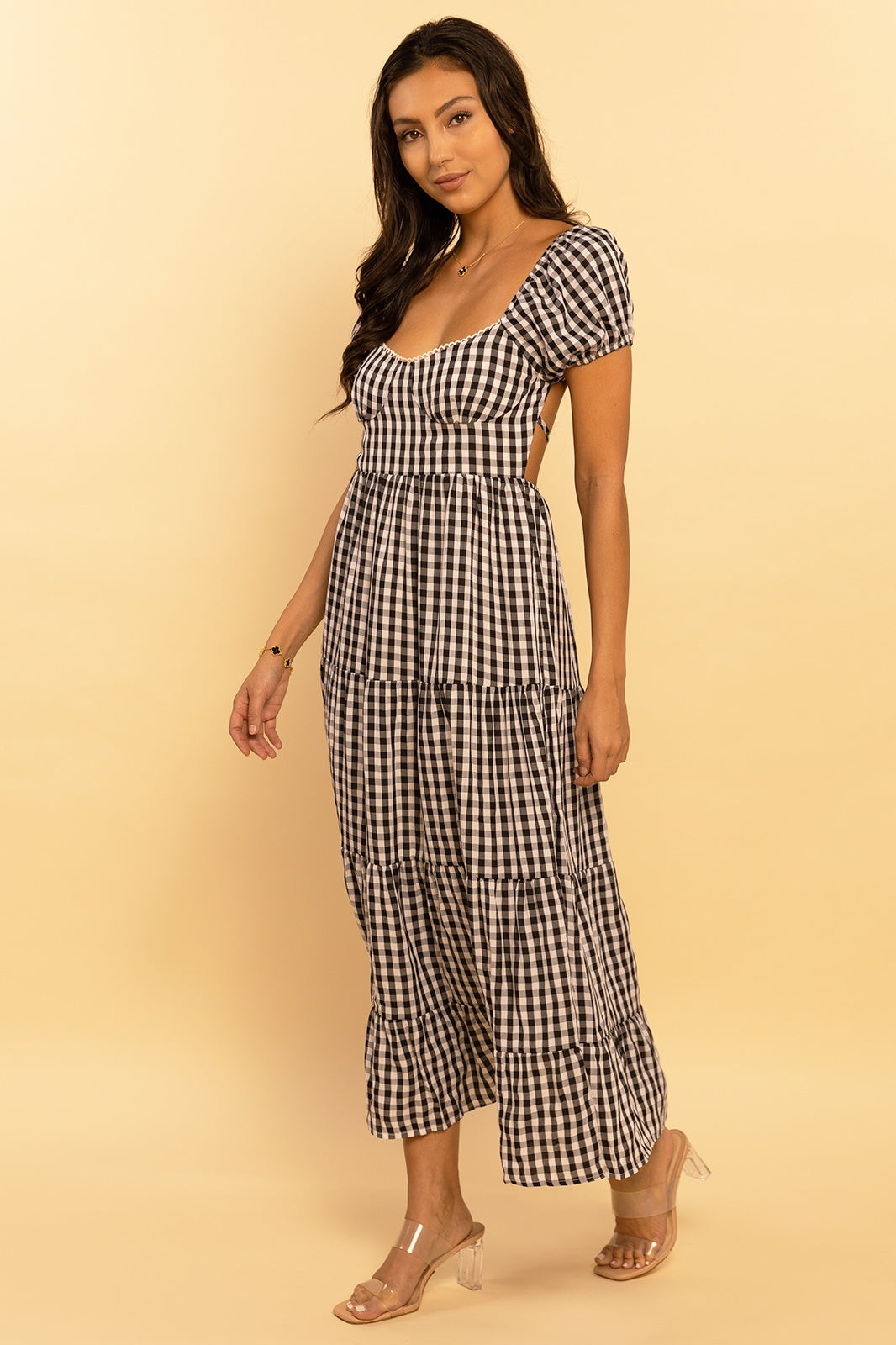 Black and Ivory Gingham Print Sweetheart Tie Back Tiered Maxi Dress