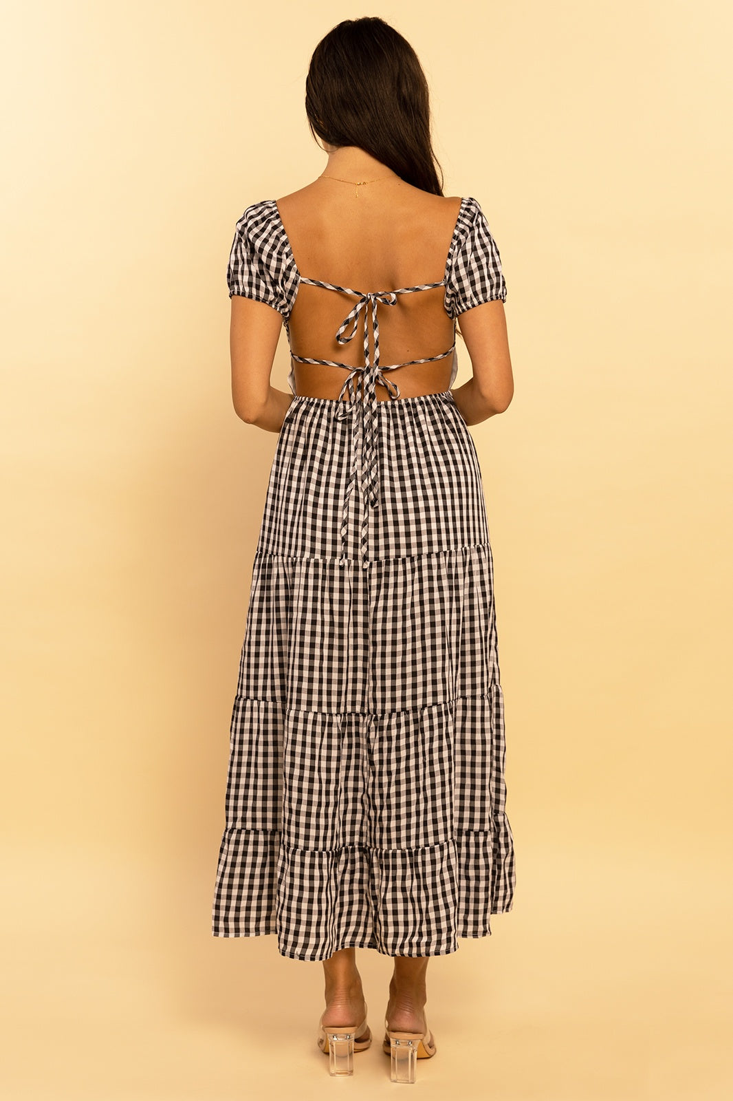 Black and Ivory Gingham Print Sweetheart Tie Back Tiered Maxi Dress
