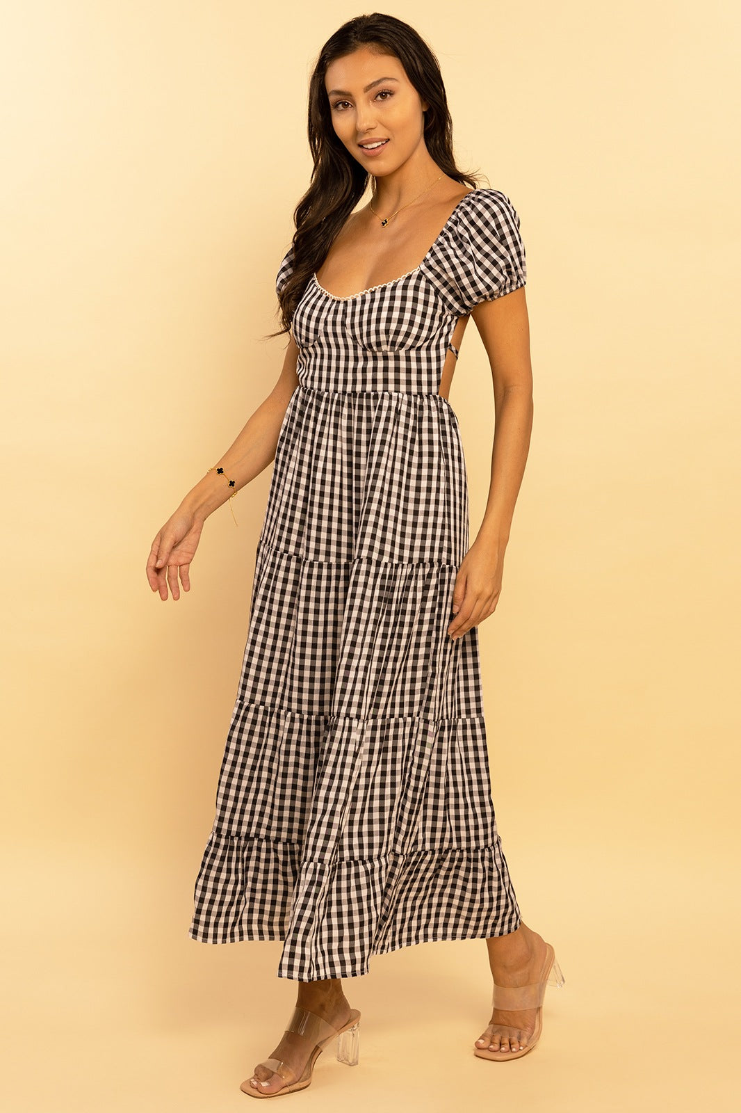 Black and Ivory Gingham Print Sweetheart Tie Back Tiered Maxi Dress