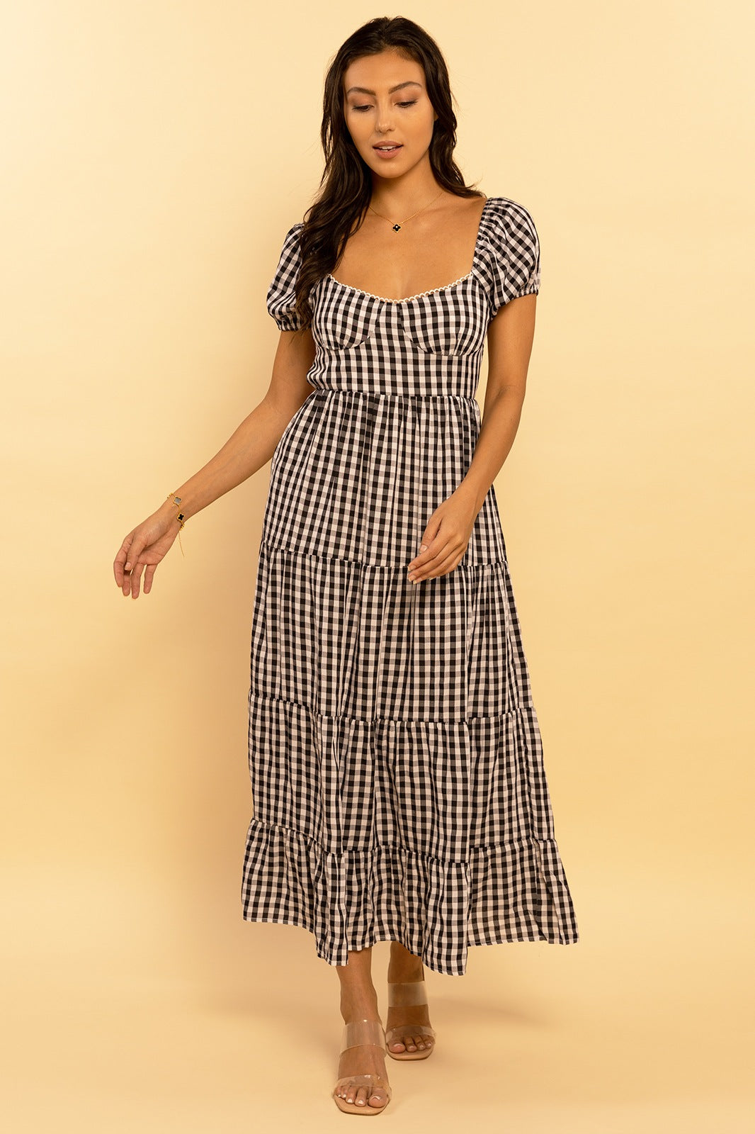 Black and Ivory Gingham Print Sweetheart Tie Back Tiered Maxi Dress