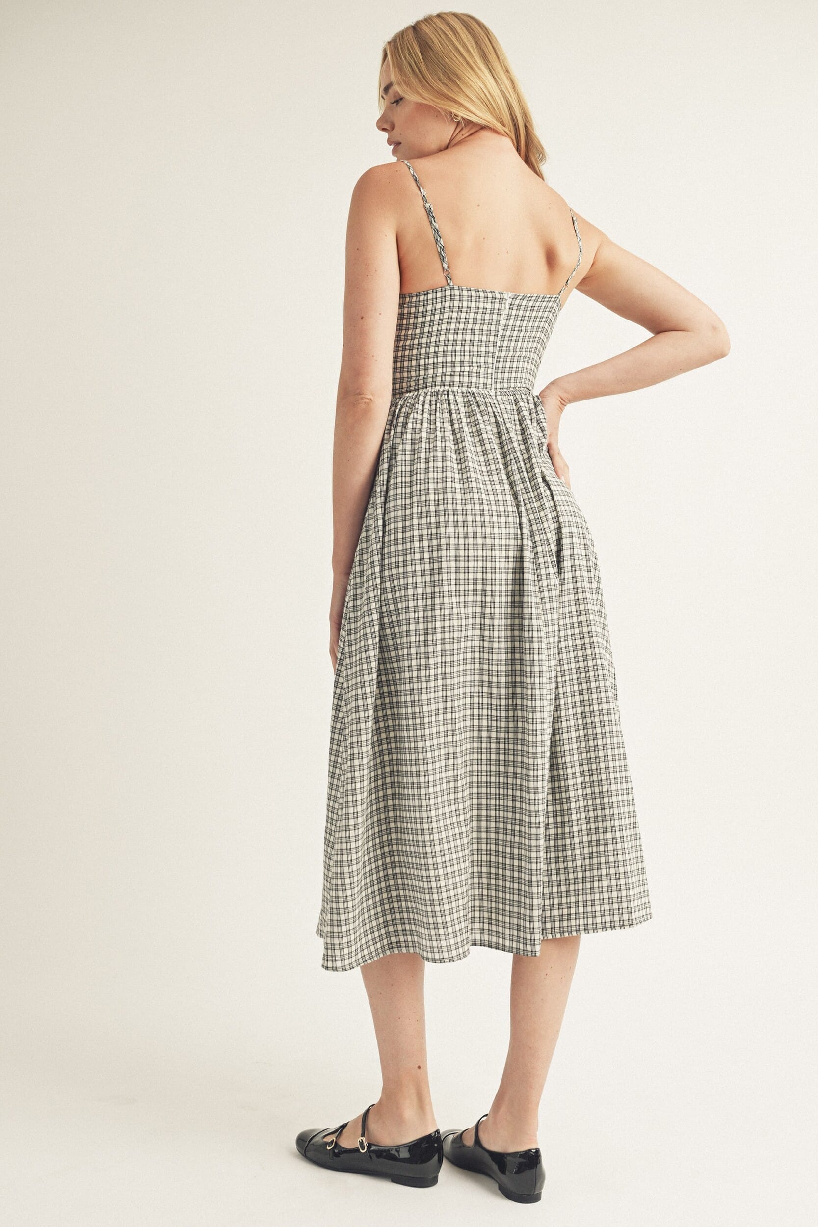 Black and White Plaid Corset Bustier Midi Dress