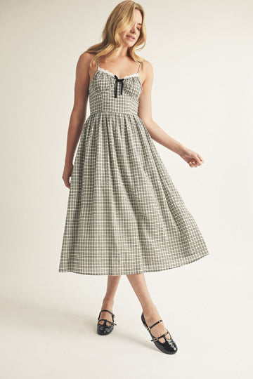 Black and White Plaid Corset Bustier Midi Dress