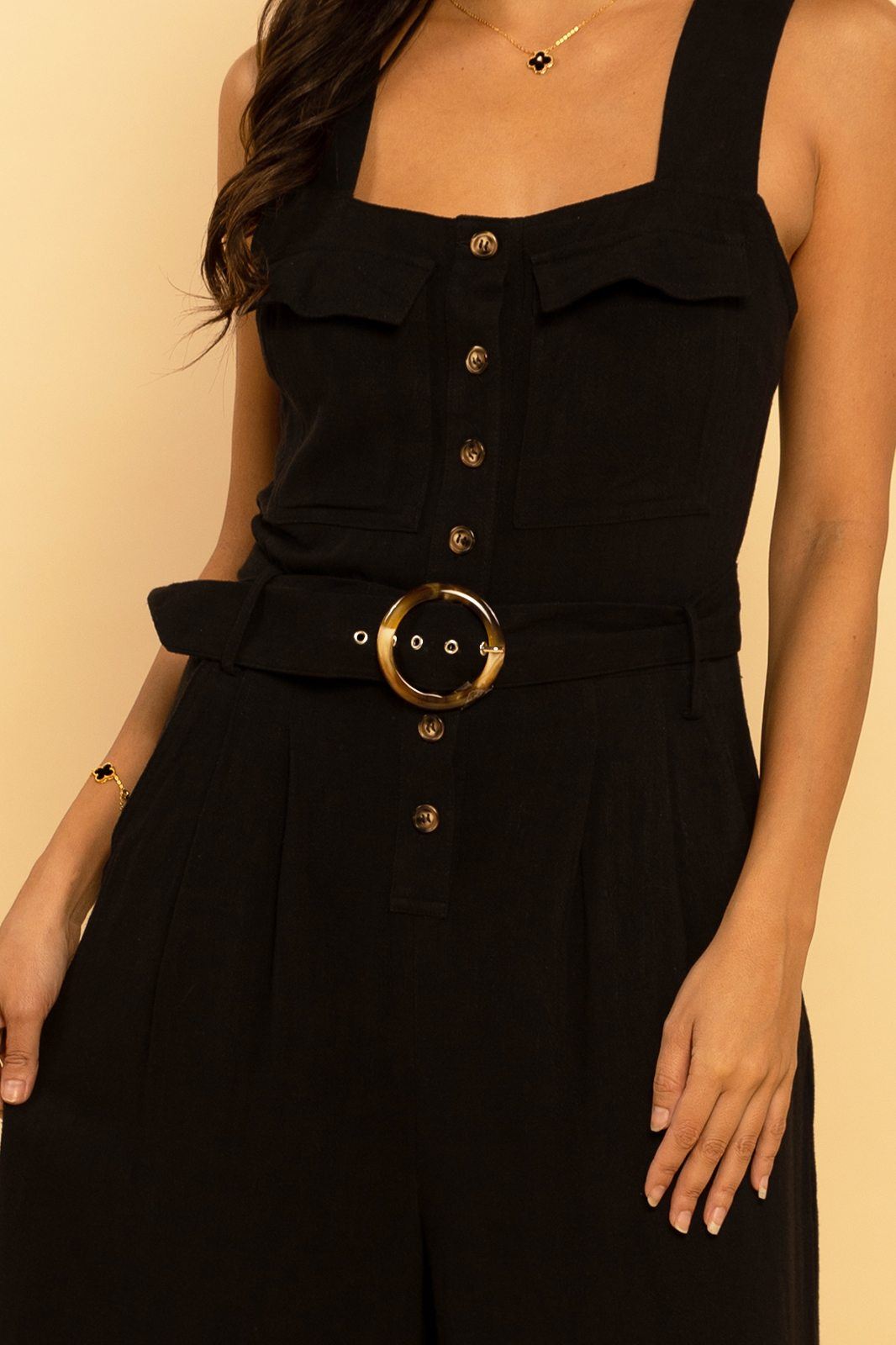 Black Belted Utility Linen Button Down Sleeveless Jumpsuit