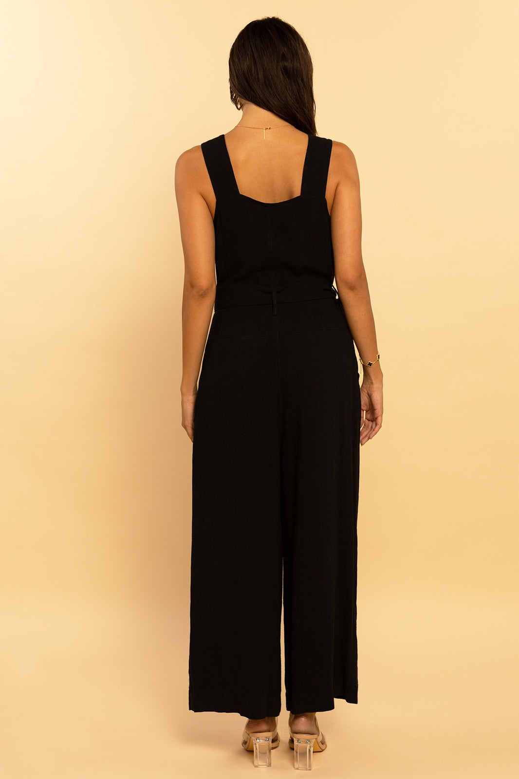 Black Belted Utility Linen Button Down Sleeveless Jumpsuit