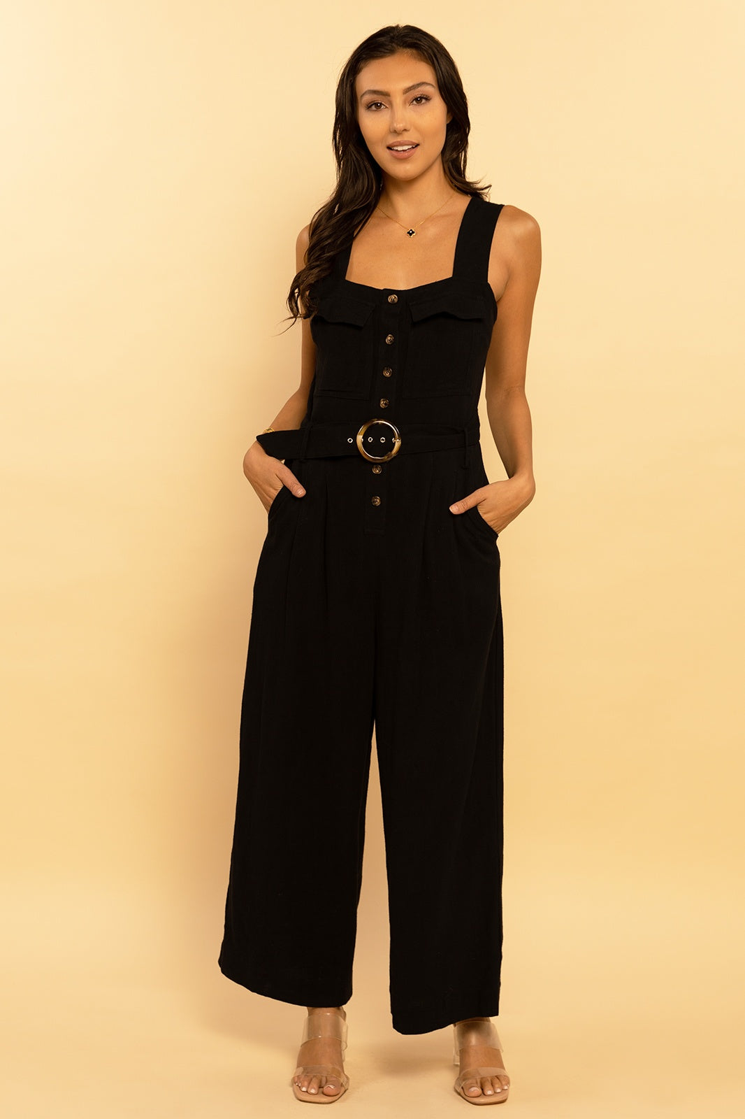 Black Belted Utility Linen Button Down Sleeveless Jumpsuit