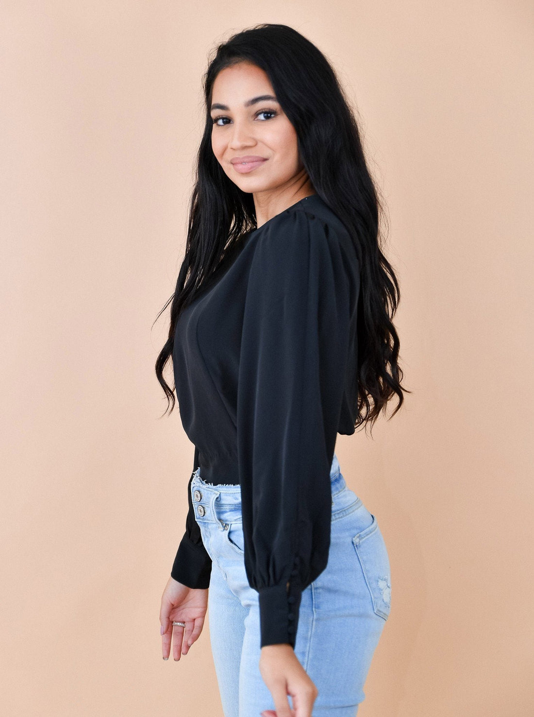 Black Button Side Bubble Sleeve Blouse