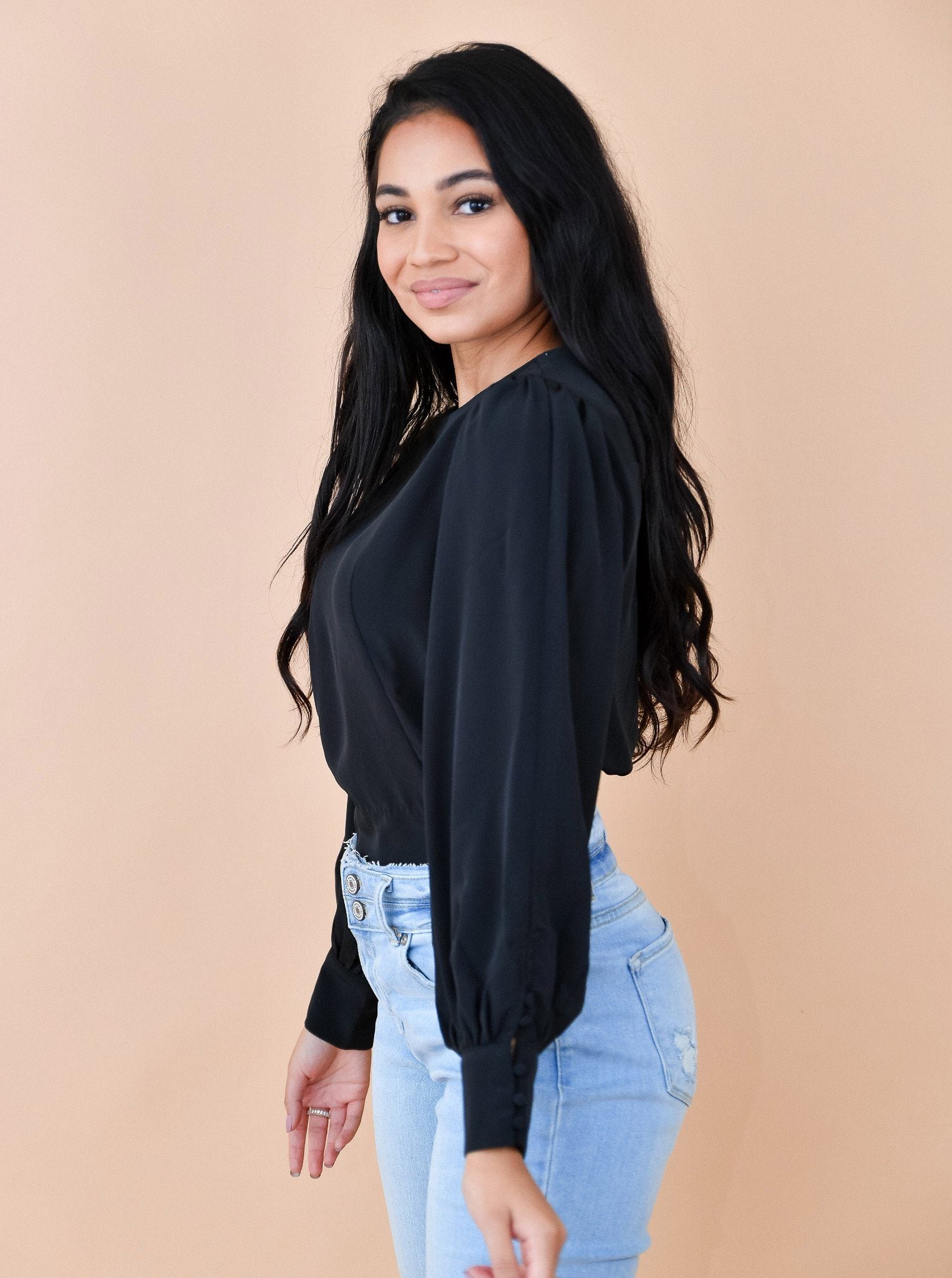Black Button Side Bubble Sleeve Blouse