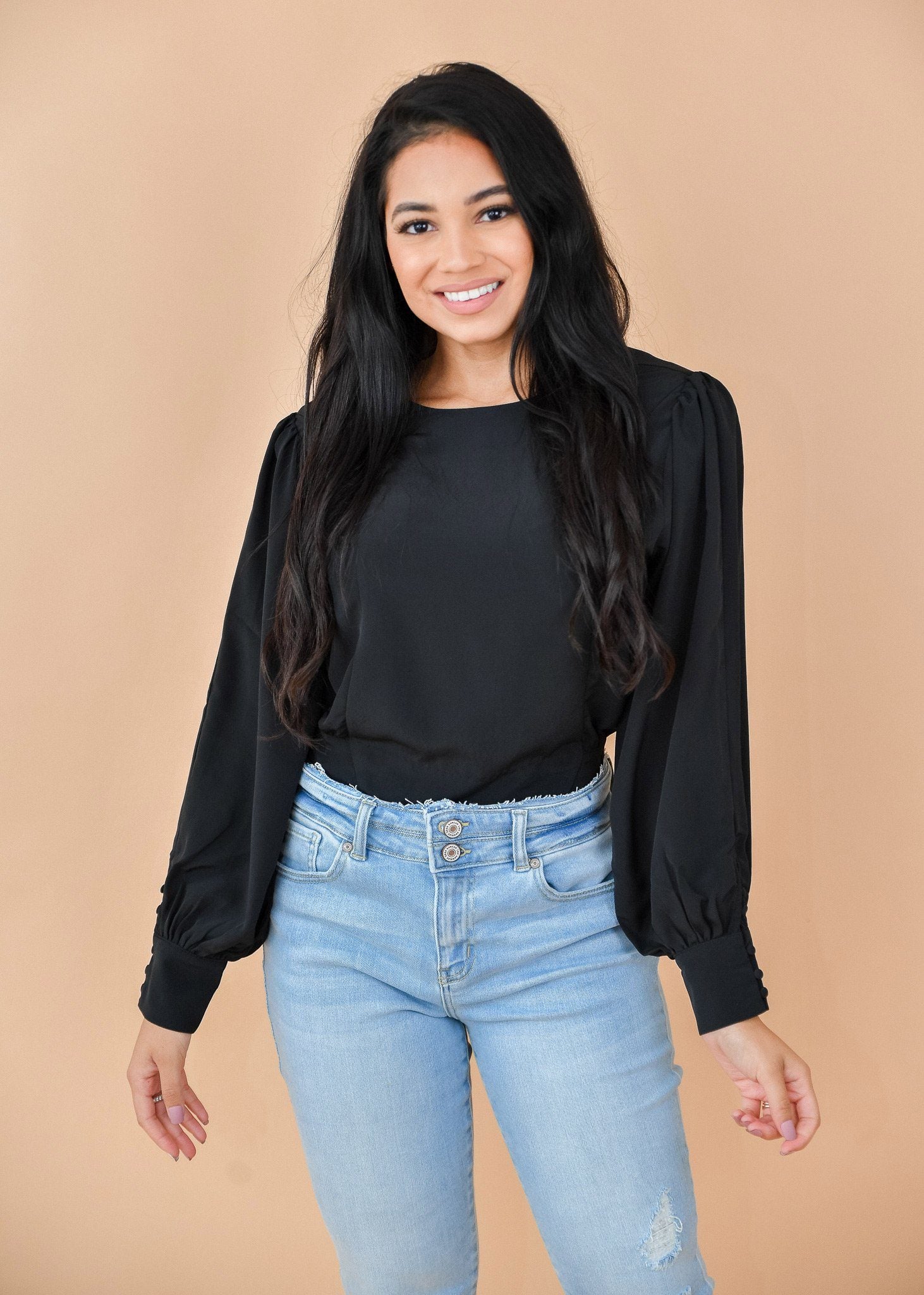 Black Button Side Bubble Sleeve Blouse