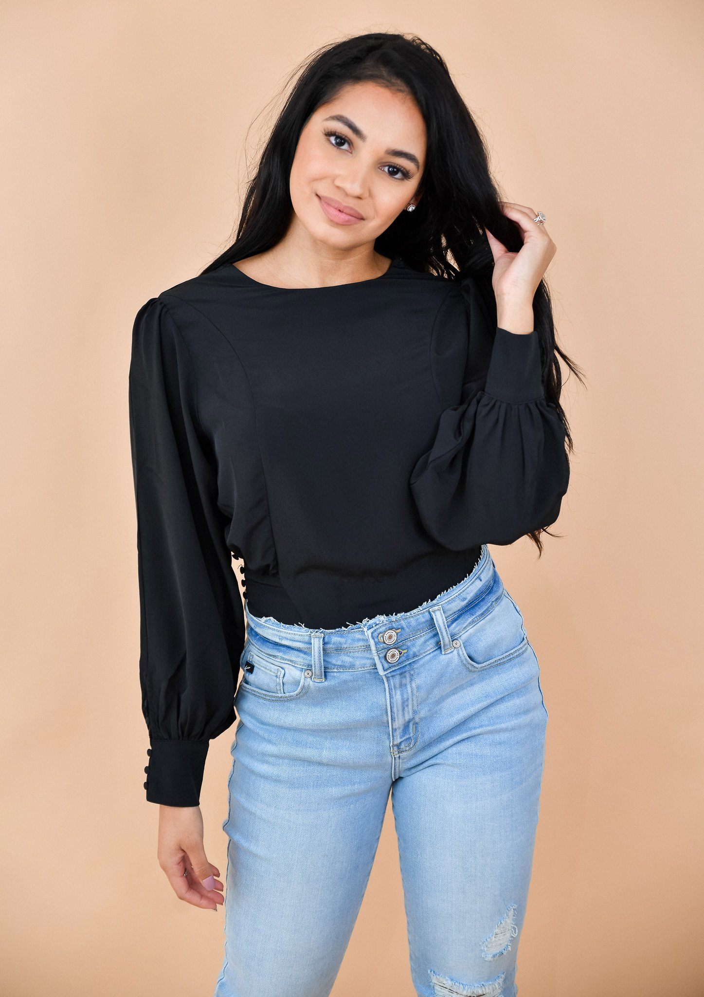 Black Button Side Bubble Sleeve Blouse
