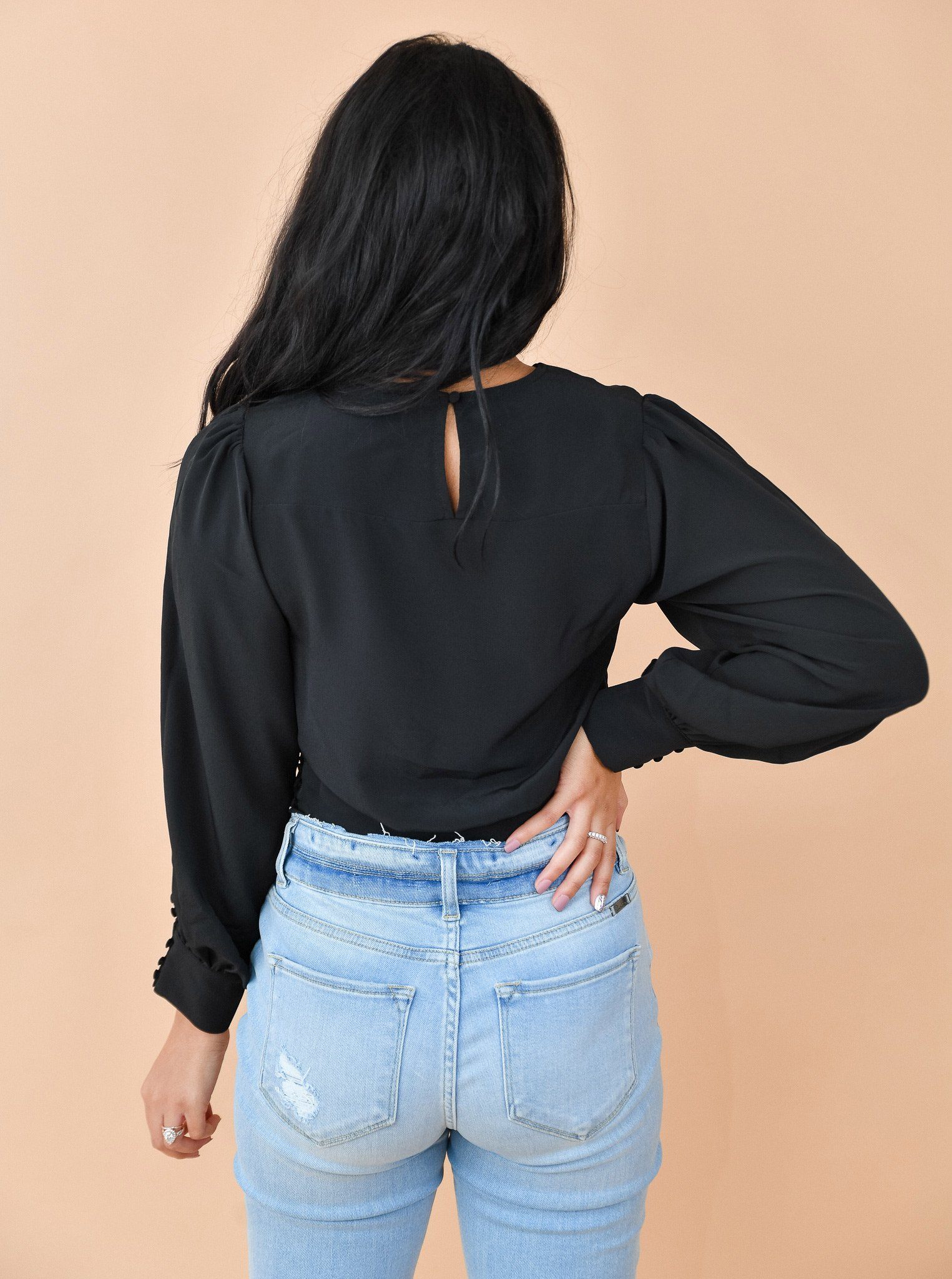 Black Button Side Bubble Sleeve Blouse