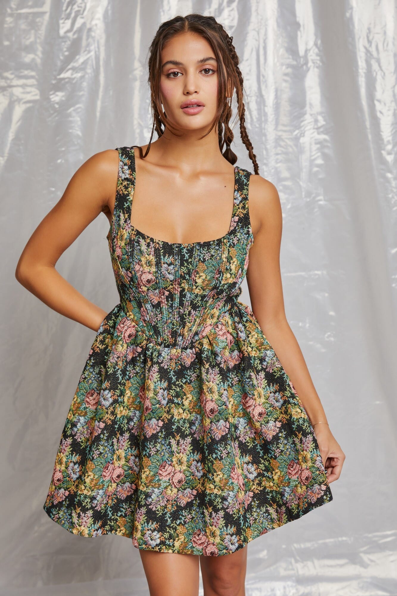 Black Floral Jacquard Babydoll Sleeveless Mini Dress