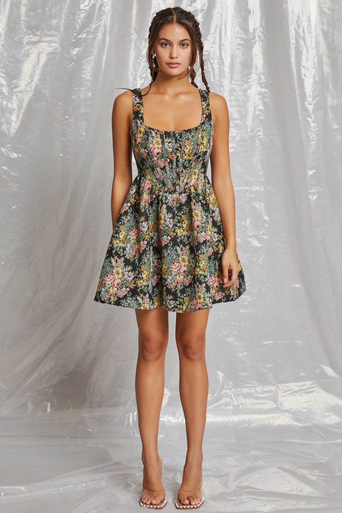 Black Floral Jacquard Babydoll Sleeveless Mini Dress