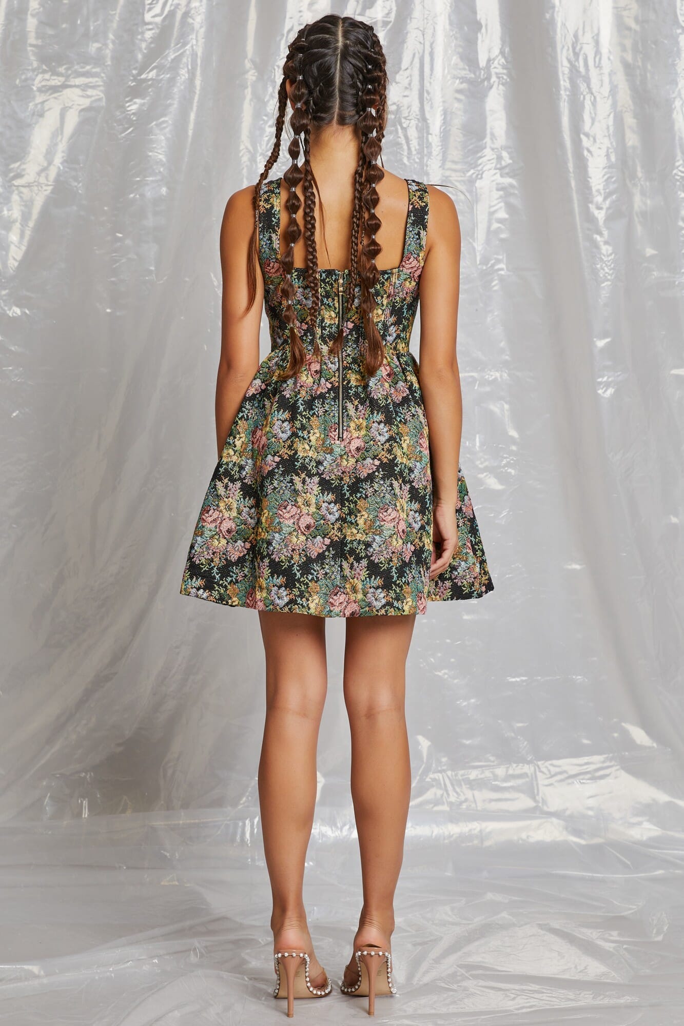 Black Floral Jacquard Babydoll Sleeveless Mini Dress
