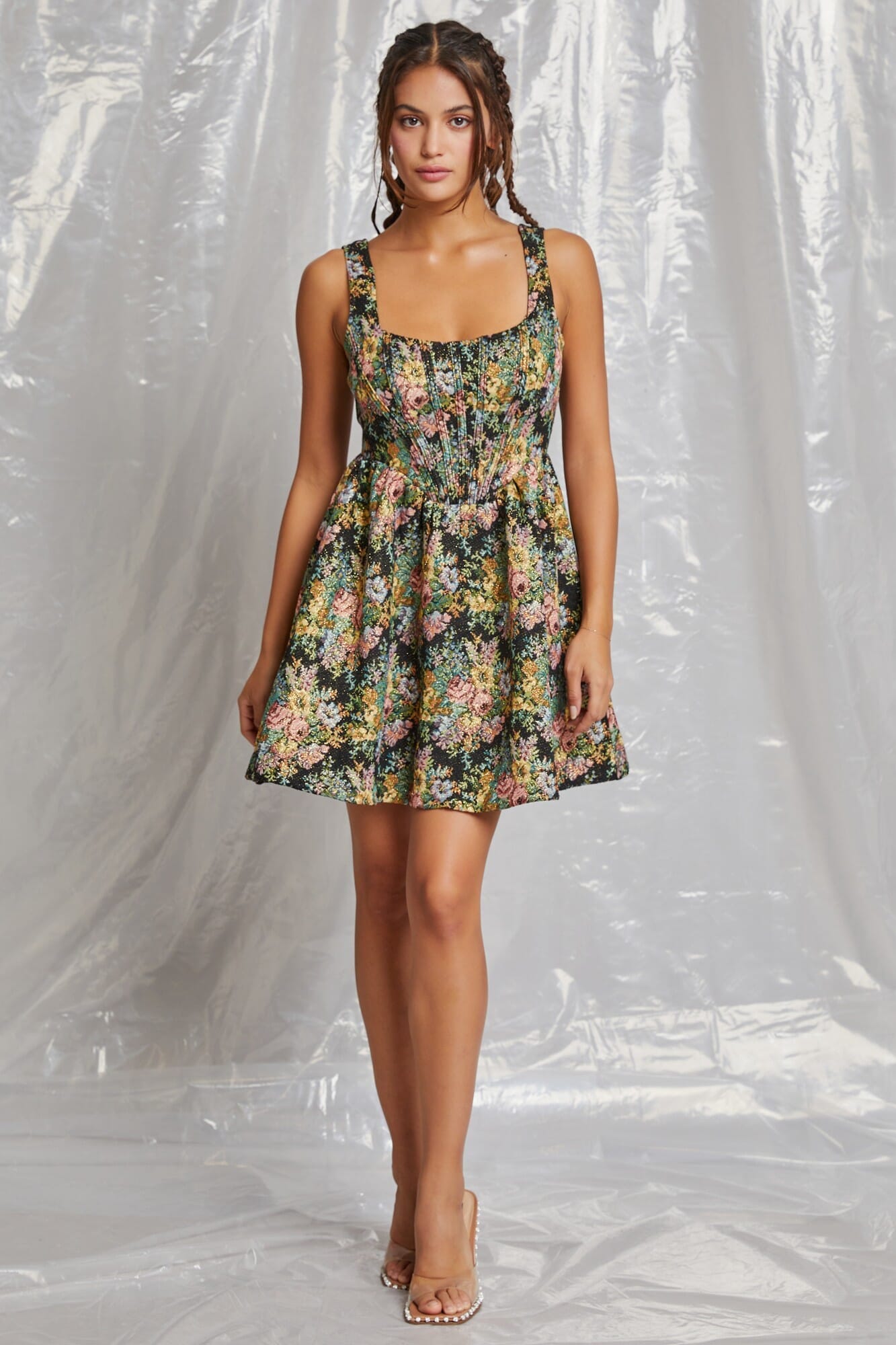 Black Floral Jacquard Babydoll Sleeveless Mini Dress