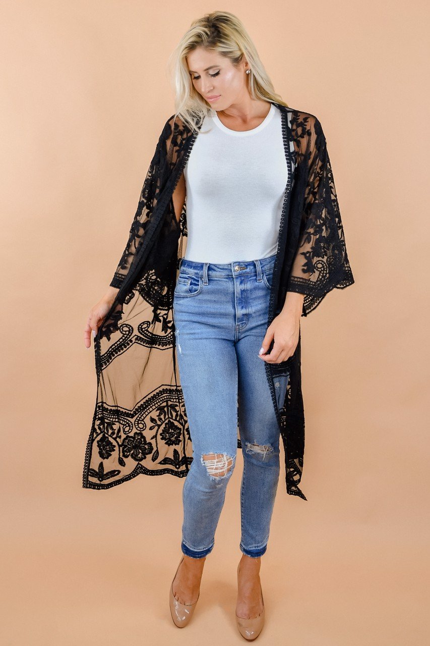 Black Floral Lace Kimono