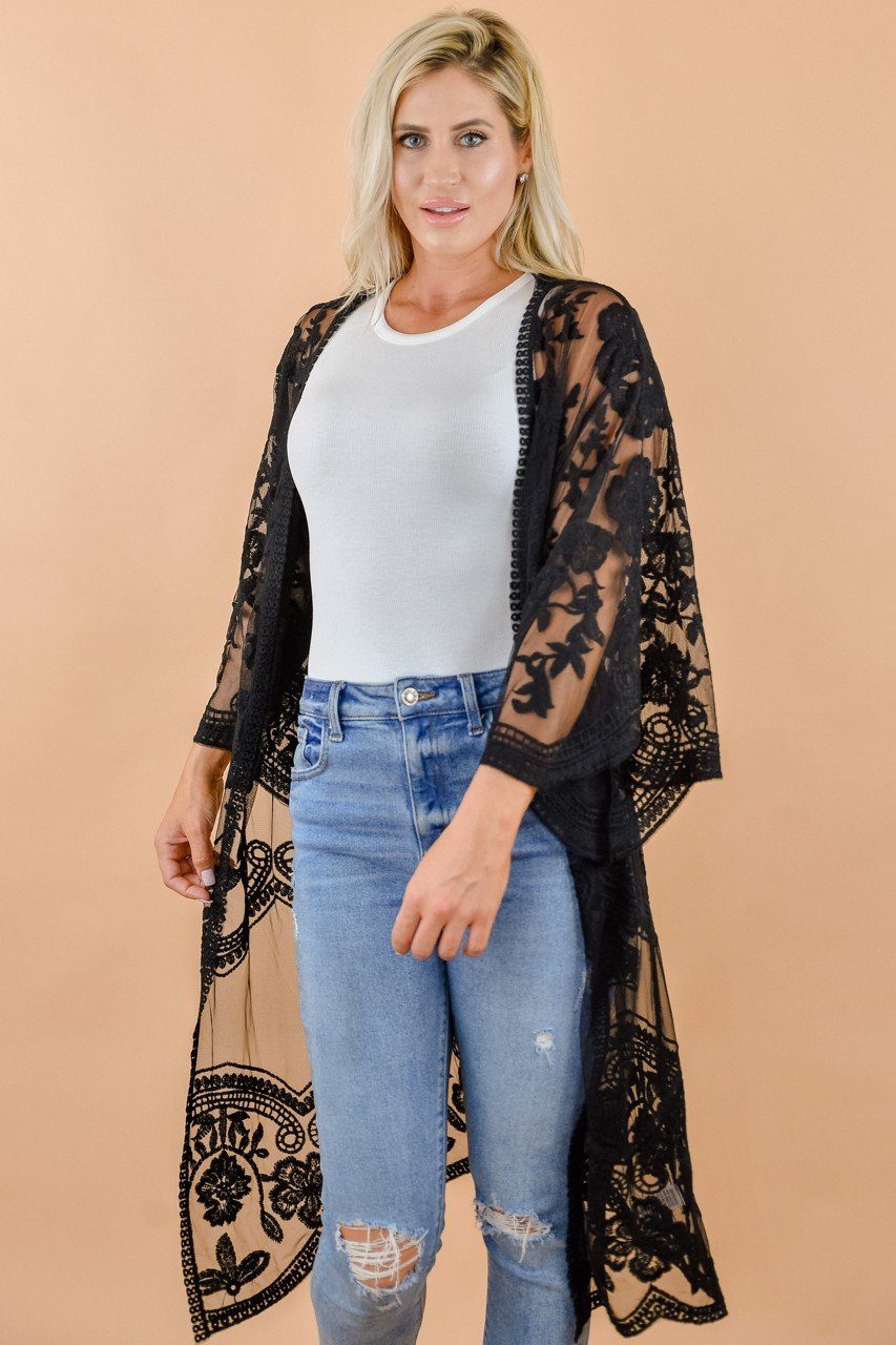 Black Floral Lace Kimono