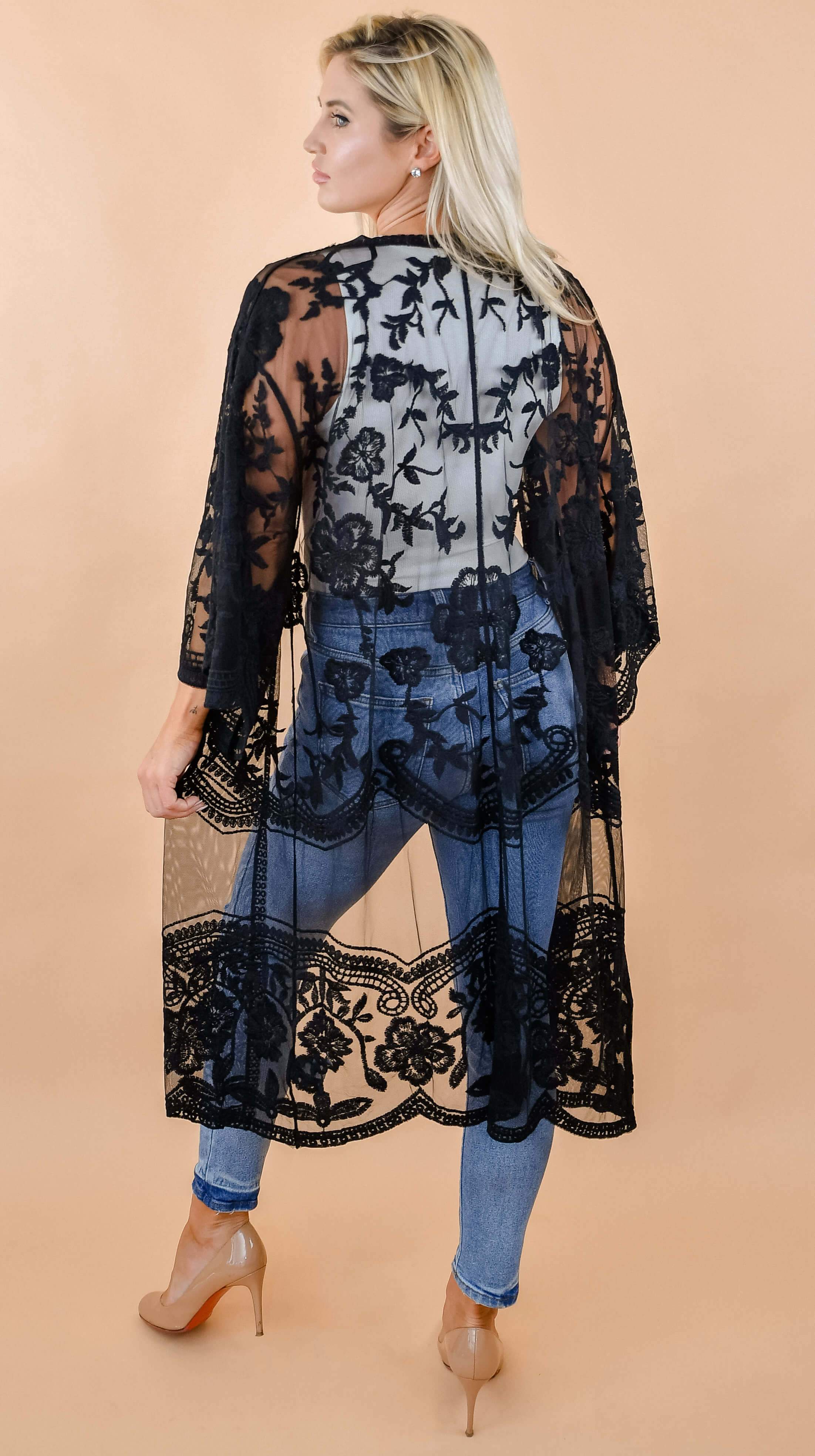 Black Floral Lace Kimono