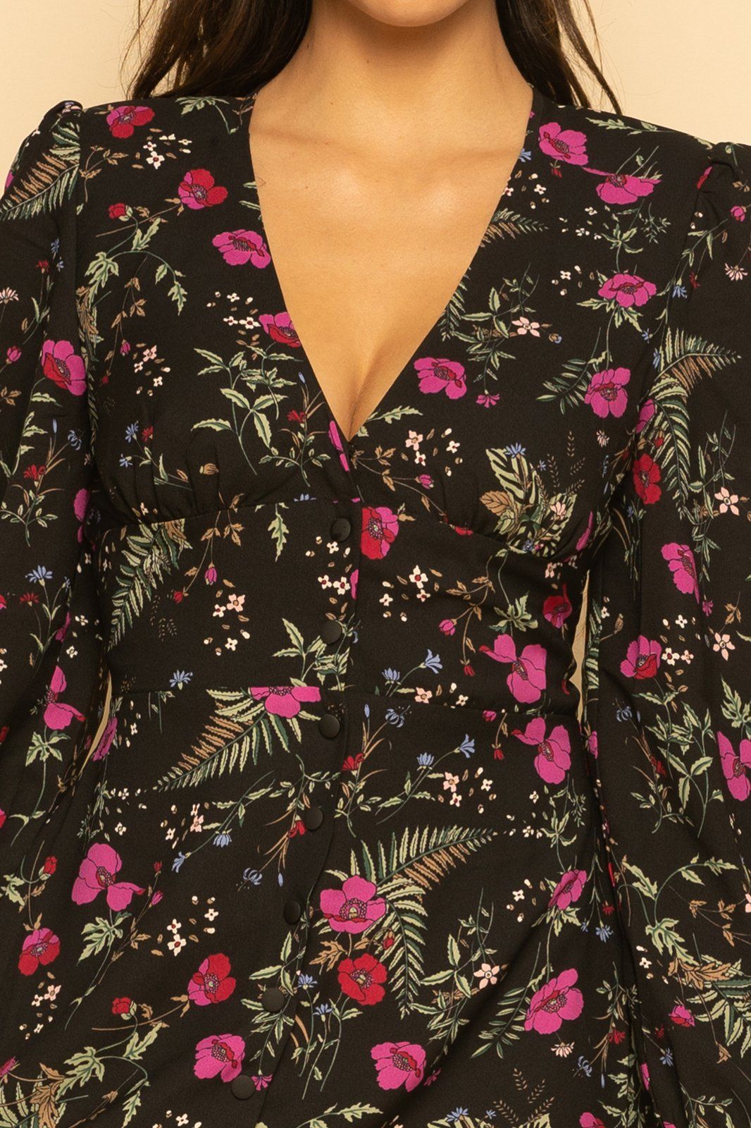 Black Floral Print Button Down Flared Mini Dress
