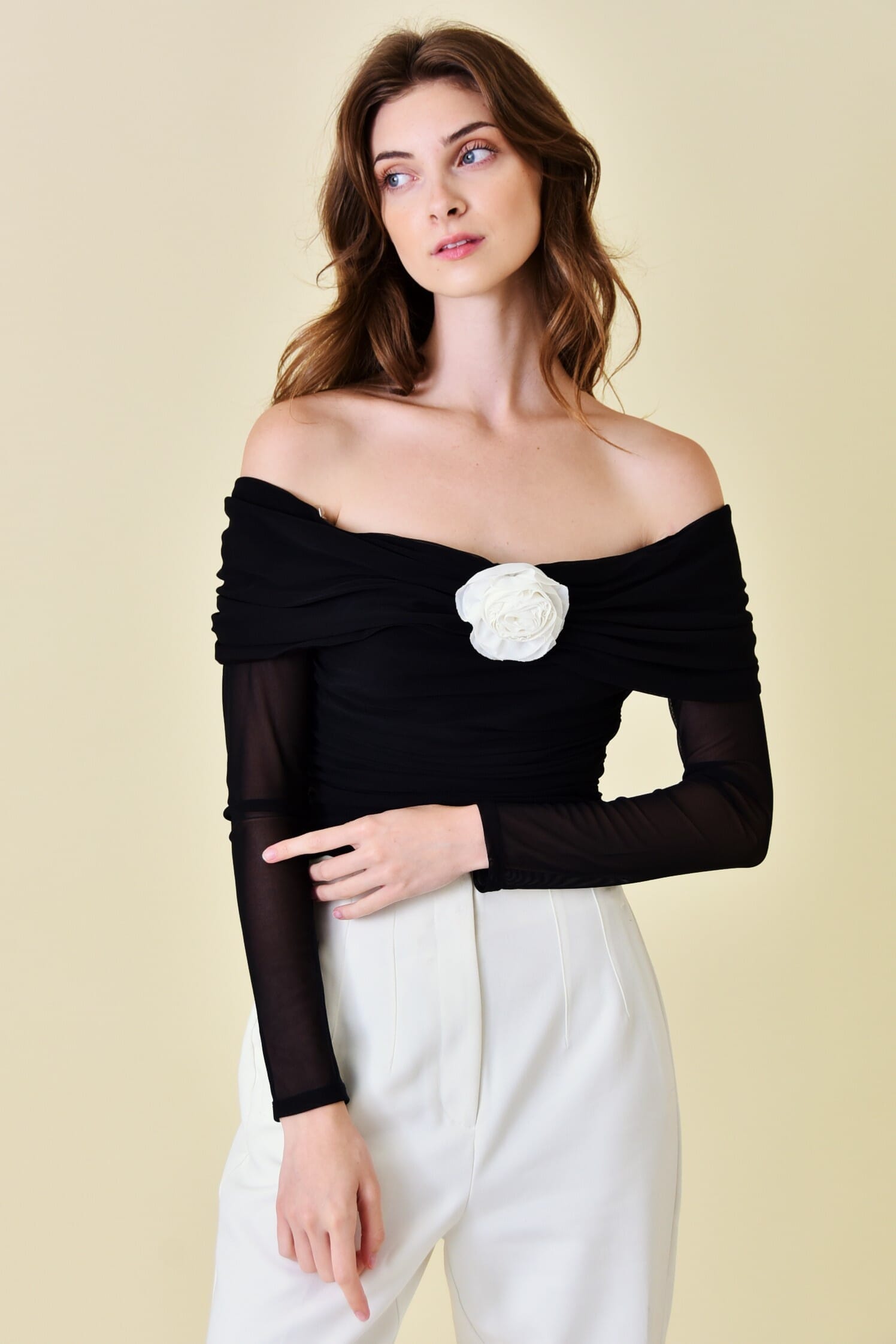 Black Mesh Flower Rosette Long Sleeve Off Shoulder Top