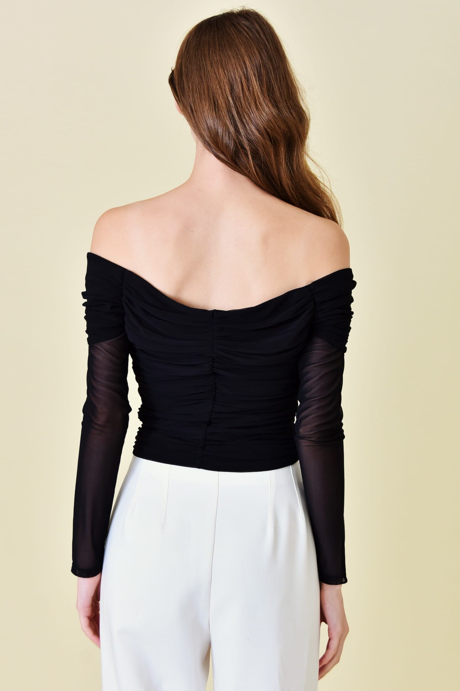 Black Mesh Flower Rosette Long Sleeve Off Shoulder Top