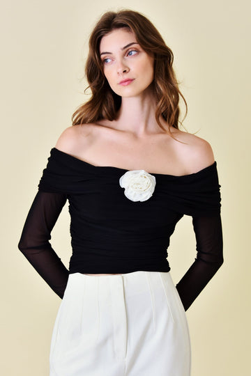 Black Mesh Flower Rosette Long Sleeve Off Shoulder Top