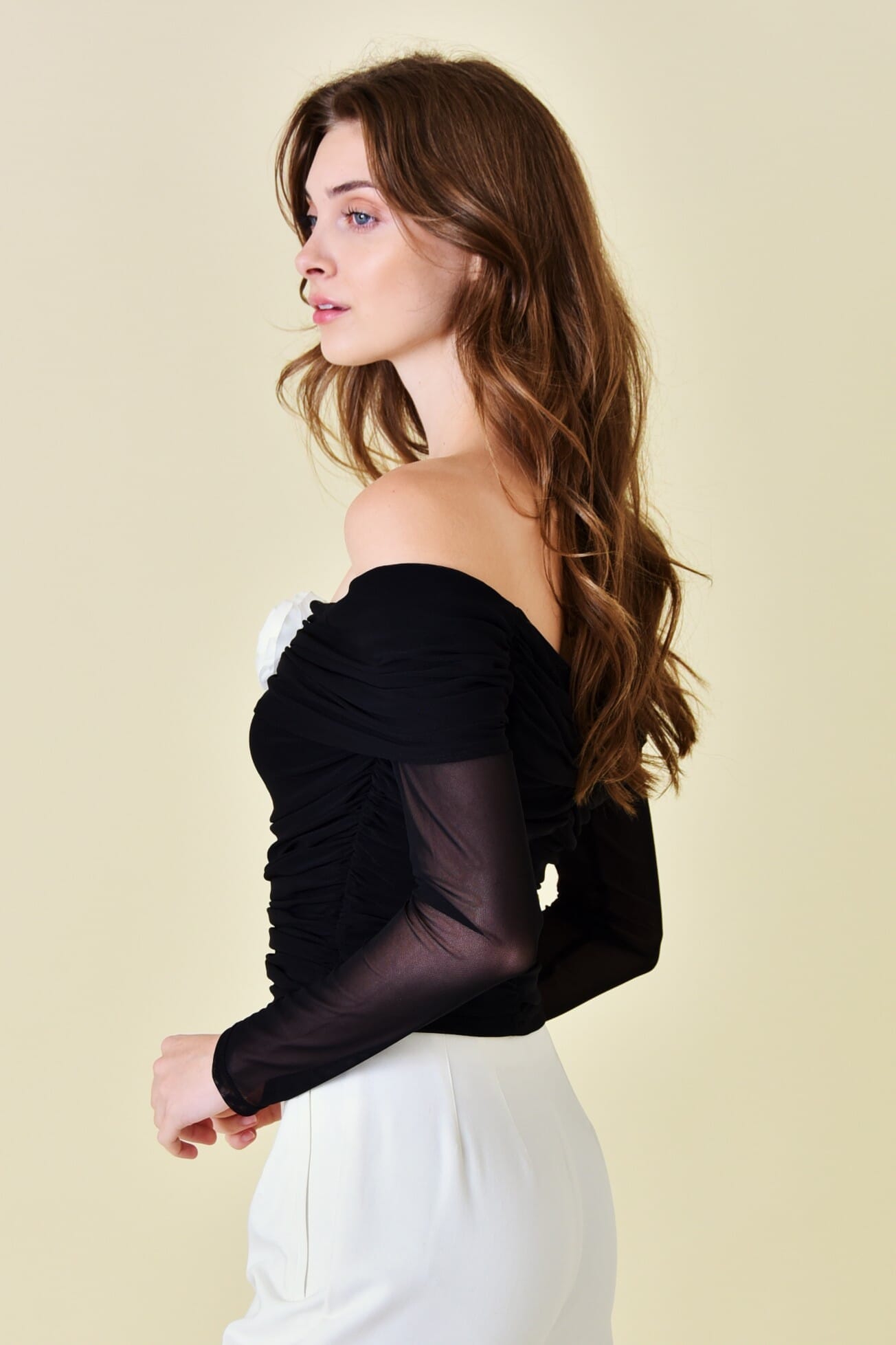 Black Mesh Flower Rosette Long Sleeve Off Shoulder Top