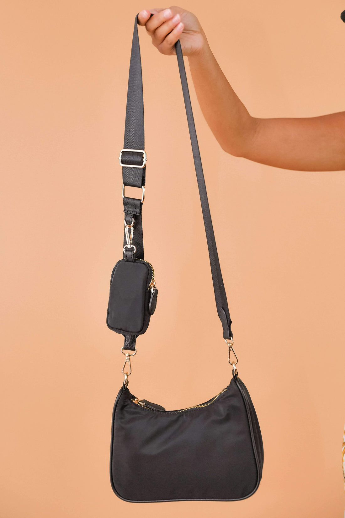 Black Nylon Crossbody Shoulder Bag With Mini Compartment Pouch