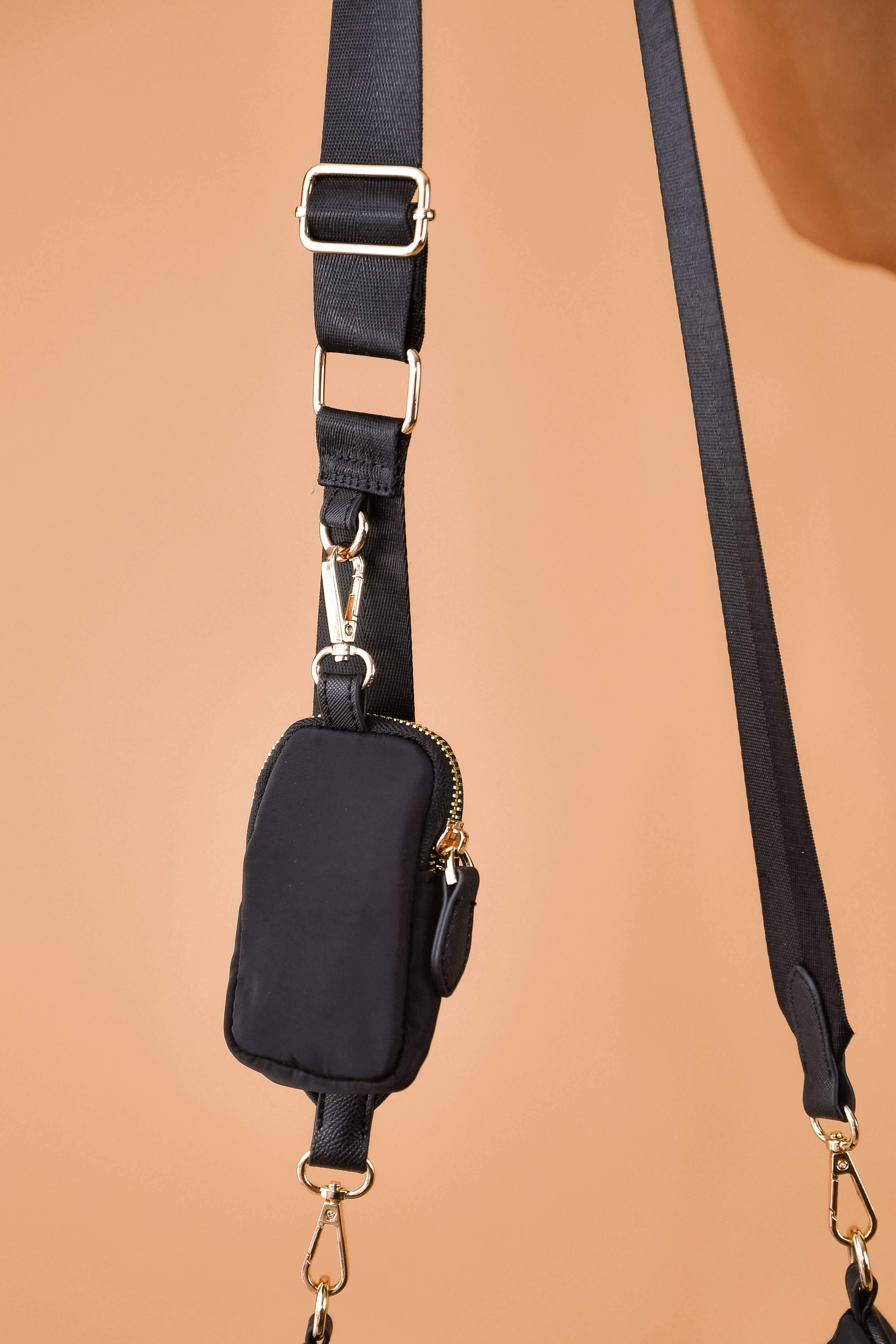 Black Nylon Crossbody Shoulder Bag With Mini Compartment Pouch
