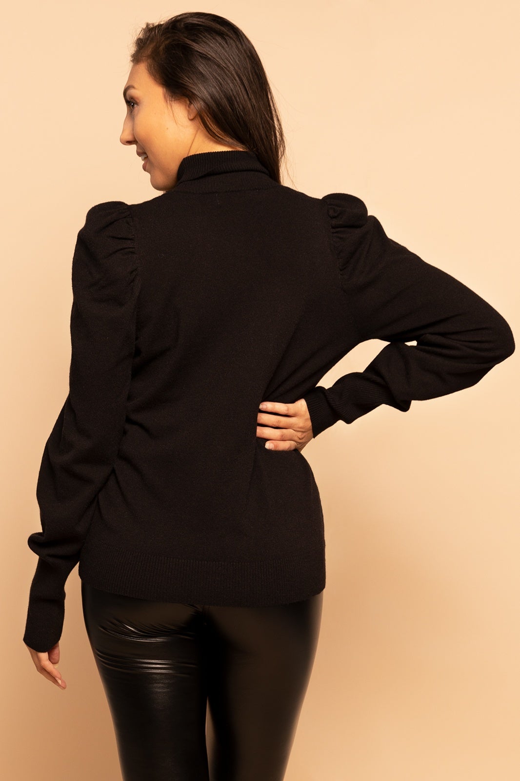 Black Puff Sleeve Turtleneck Knit Sweater