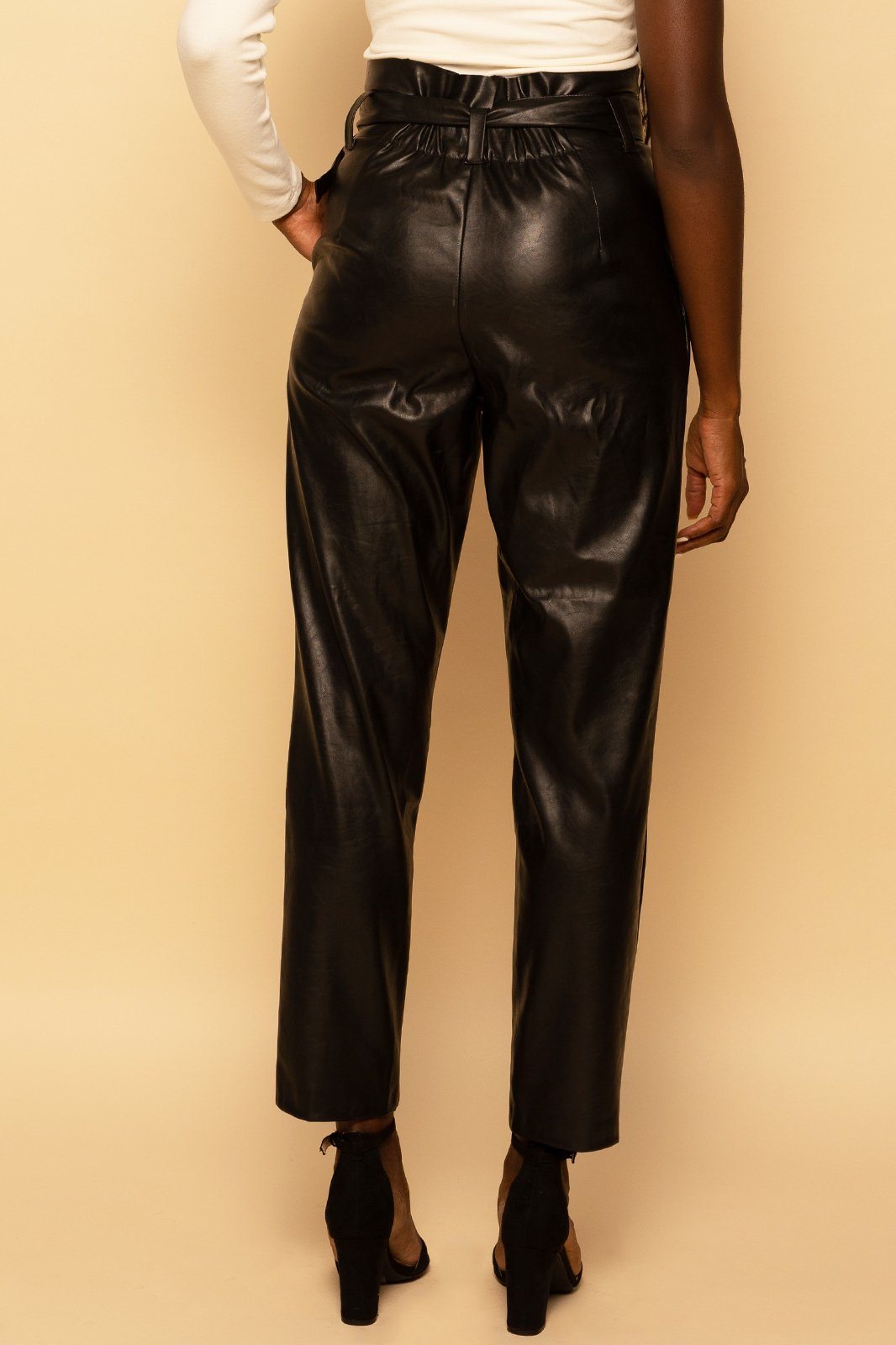 Vegan Faux Leather Paperbag Belted High-Waisted Black Pants