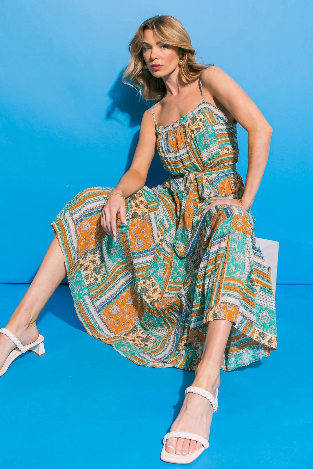 Blue Paisley Patchwork  Woven Midi Dress