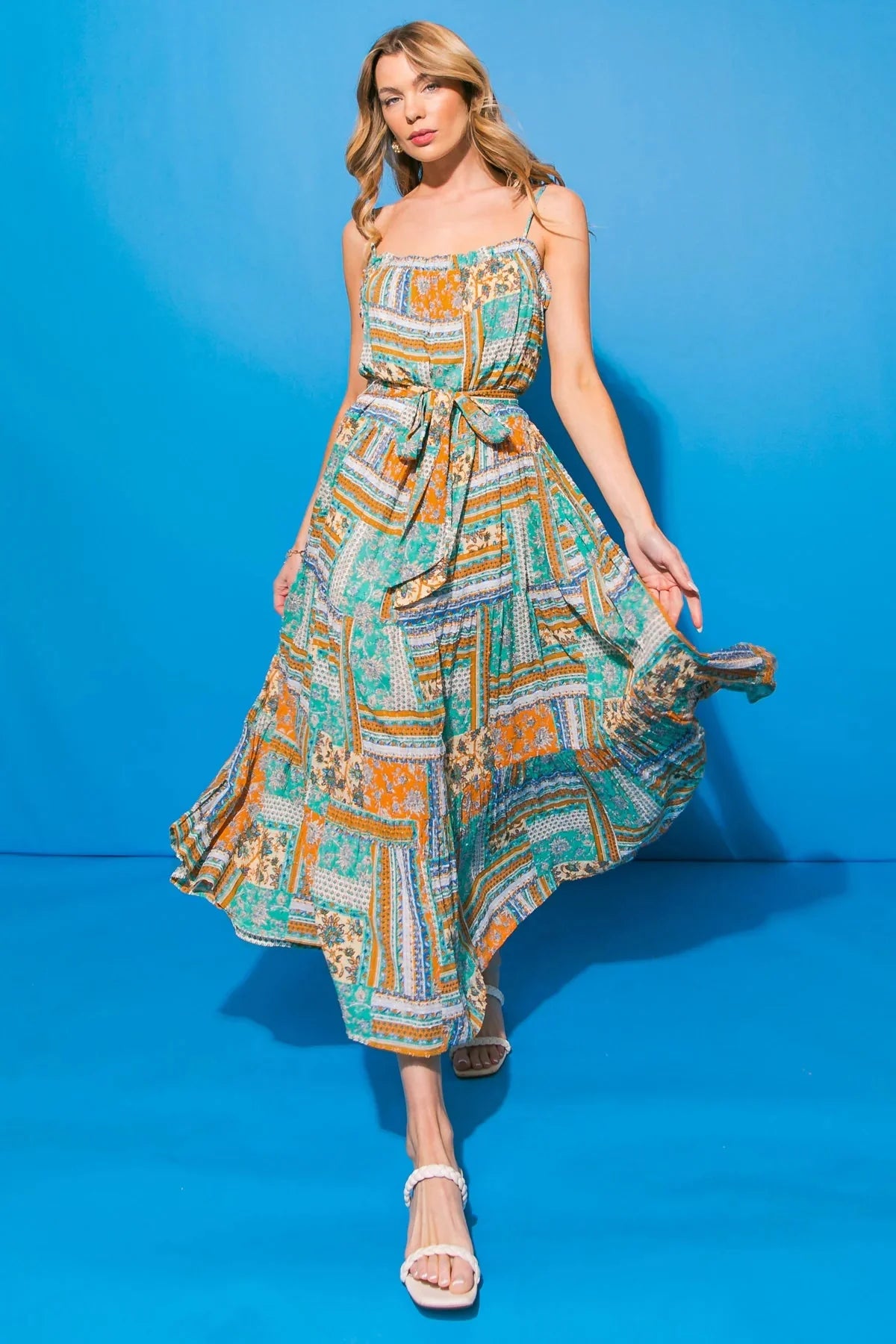 Blue Paisley Patchwork  Woven Midi Dress