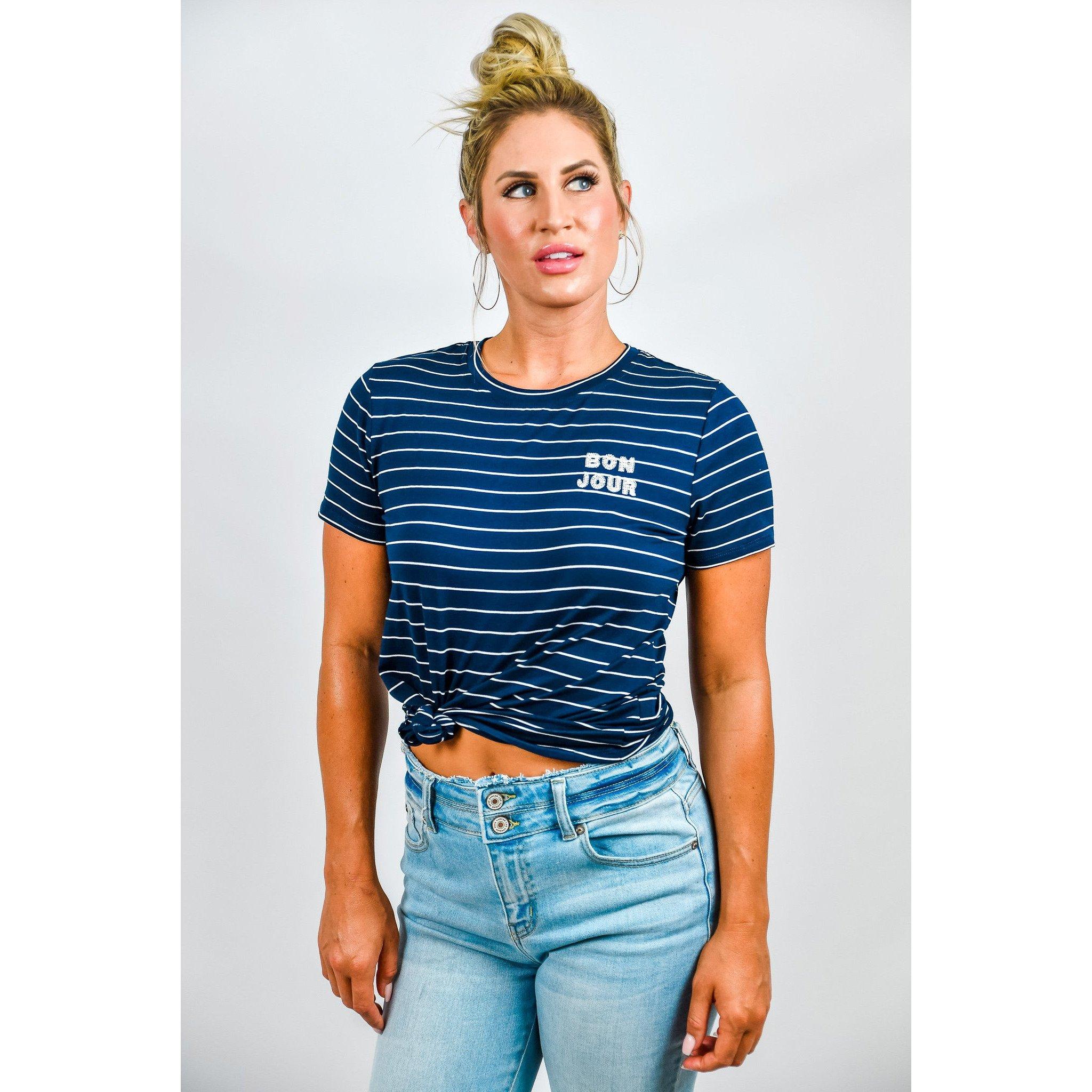 Bonjour Striped Tee Navy Blue