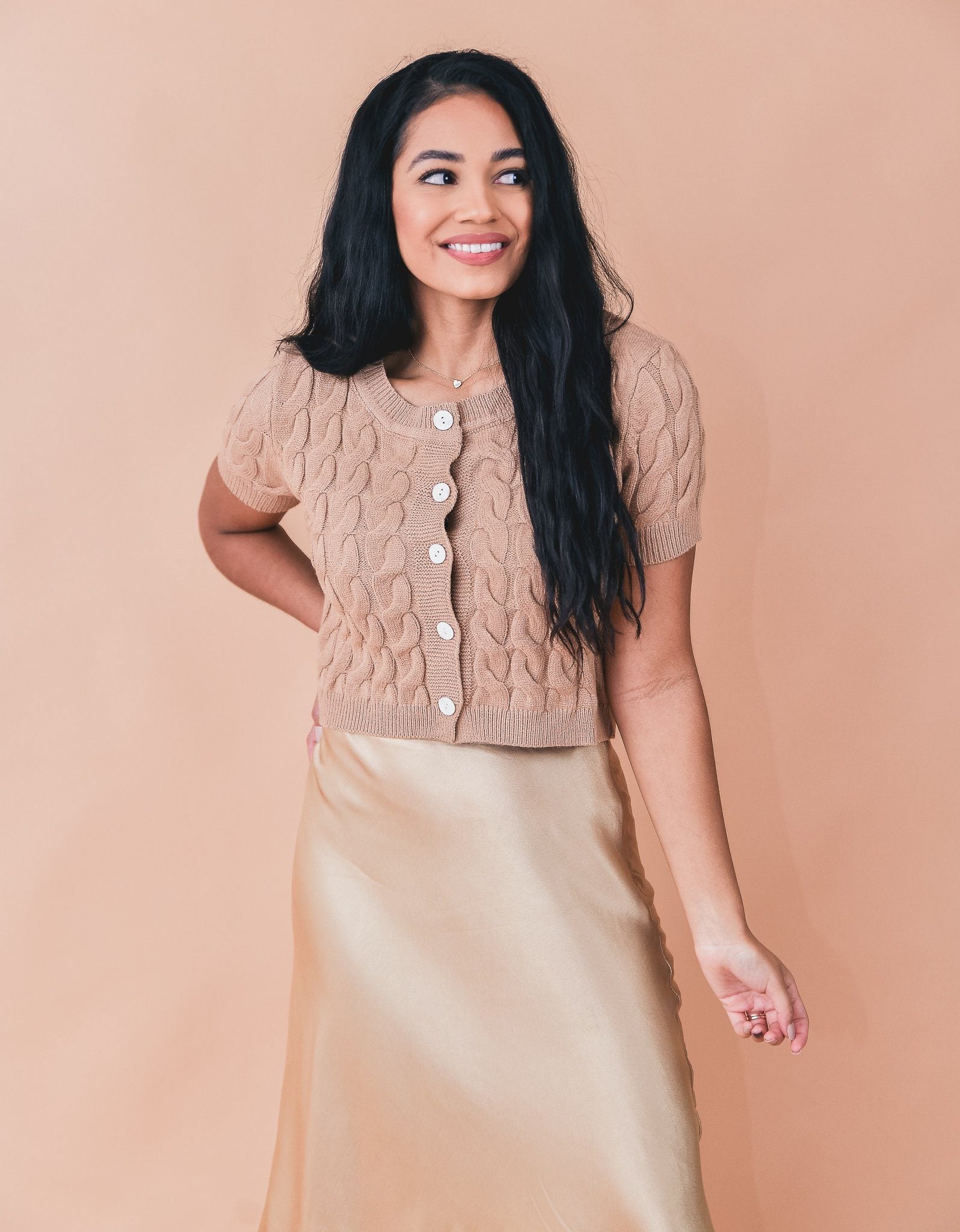Button-Front Cropped Beige Knit Top