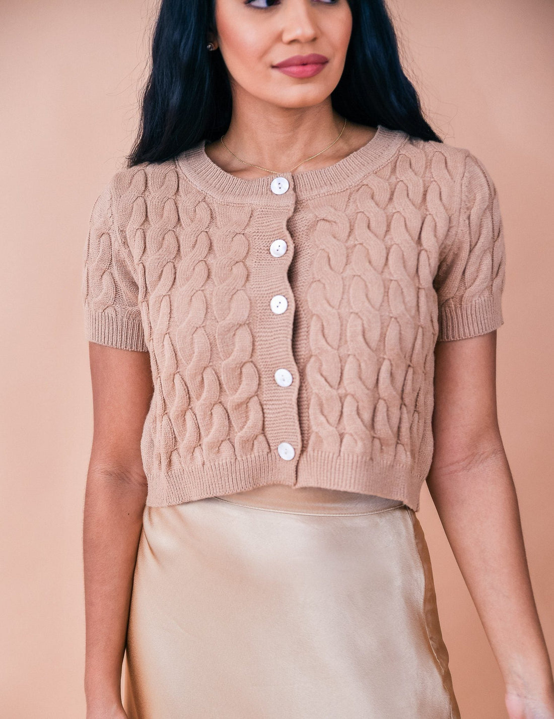 Button-Front Cropped Beige Knit Top
